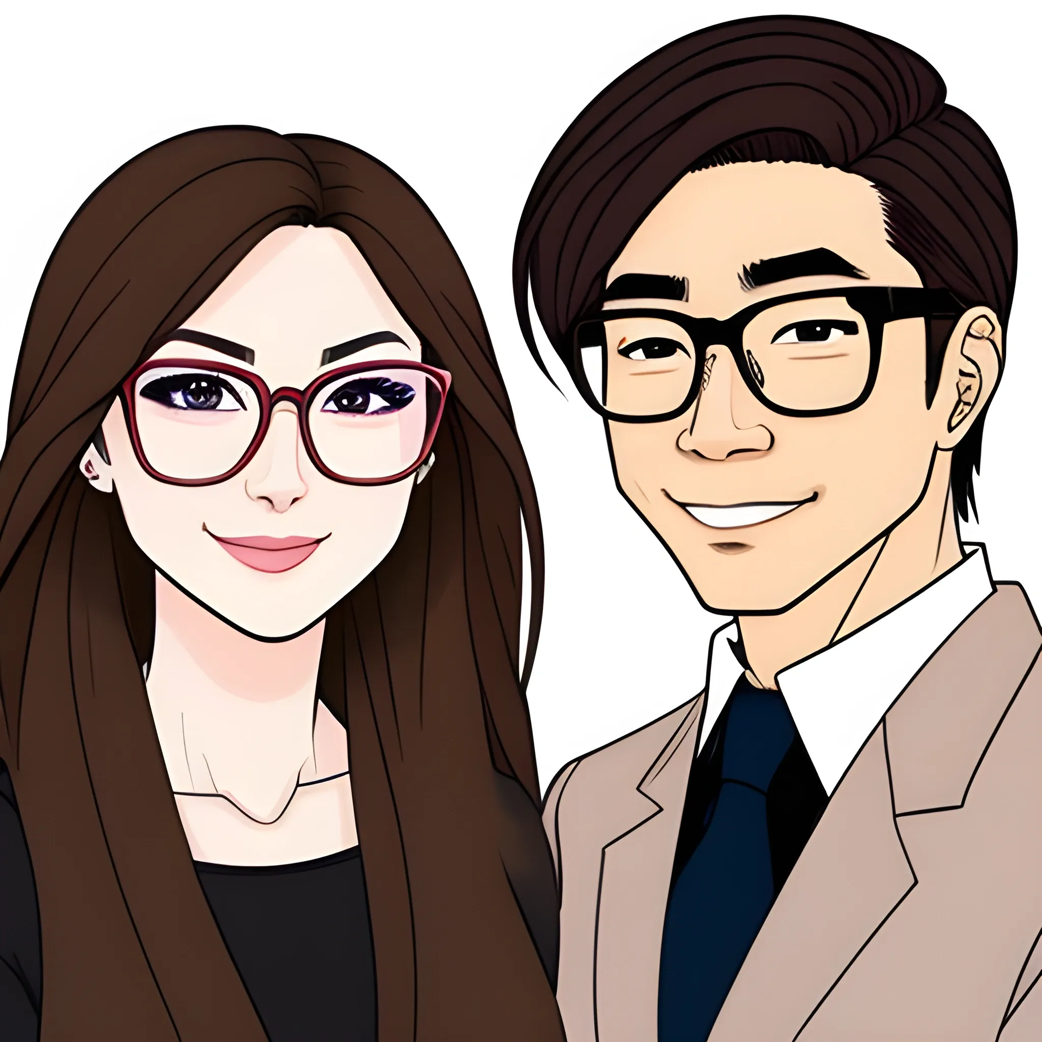 Can you imagine a white girl, brown hair with glasses and a Filipino guy with long hair, he does not have glasses and he has a round face. They are in love, Cartoon