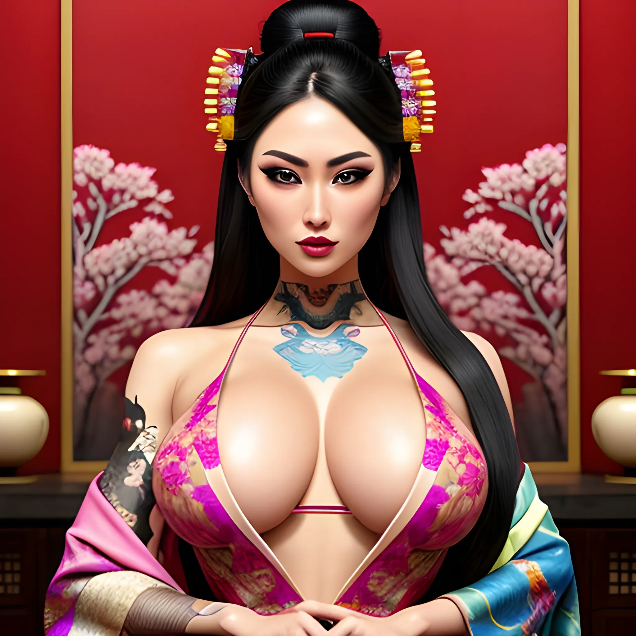 three dynamically different hyper beautiful ethnic girls with hyper dynamic hyper detailed brightly colored Japanese tattoos sit, hyper realistic, their hands cupping dynamic cleavage, dynamically fondling themselves, hyper flirty dynamic, hyper enticing dynamic, hyper dynamic, hyper dynamic cleavage, hyper perfect anatomy, dynamic zoom, hyper flirty dynamic pose, hyper dynamic, hyper flirty expressions dynamic, hyper beautiful face, hyper realistic, hyper beautiful face, wearing hyper detailed pastel off shoulder low cut hyper revealing hyper draped kimonos, hyper detailed room in a Japanese geisha house interior background, HD, 8k, photography