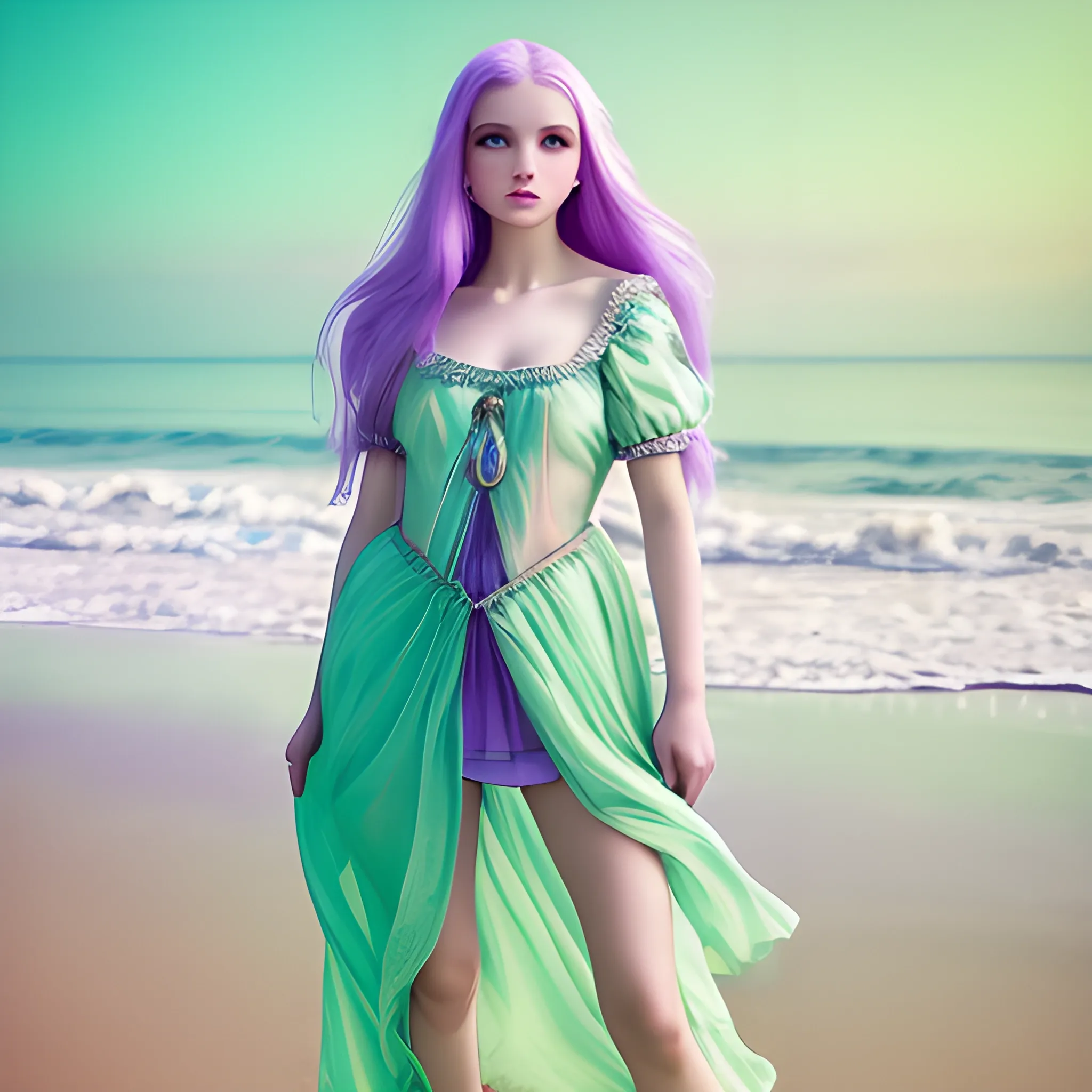 A beautiful Ukrainian beauty on the beach in pastel colors of green and purple mist, full body shot, professional photography, Trippy