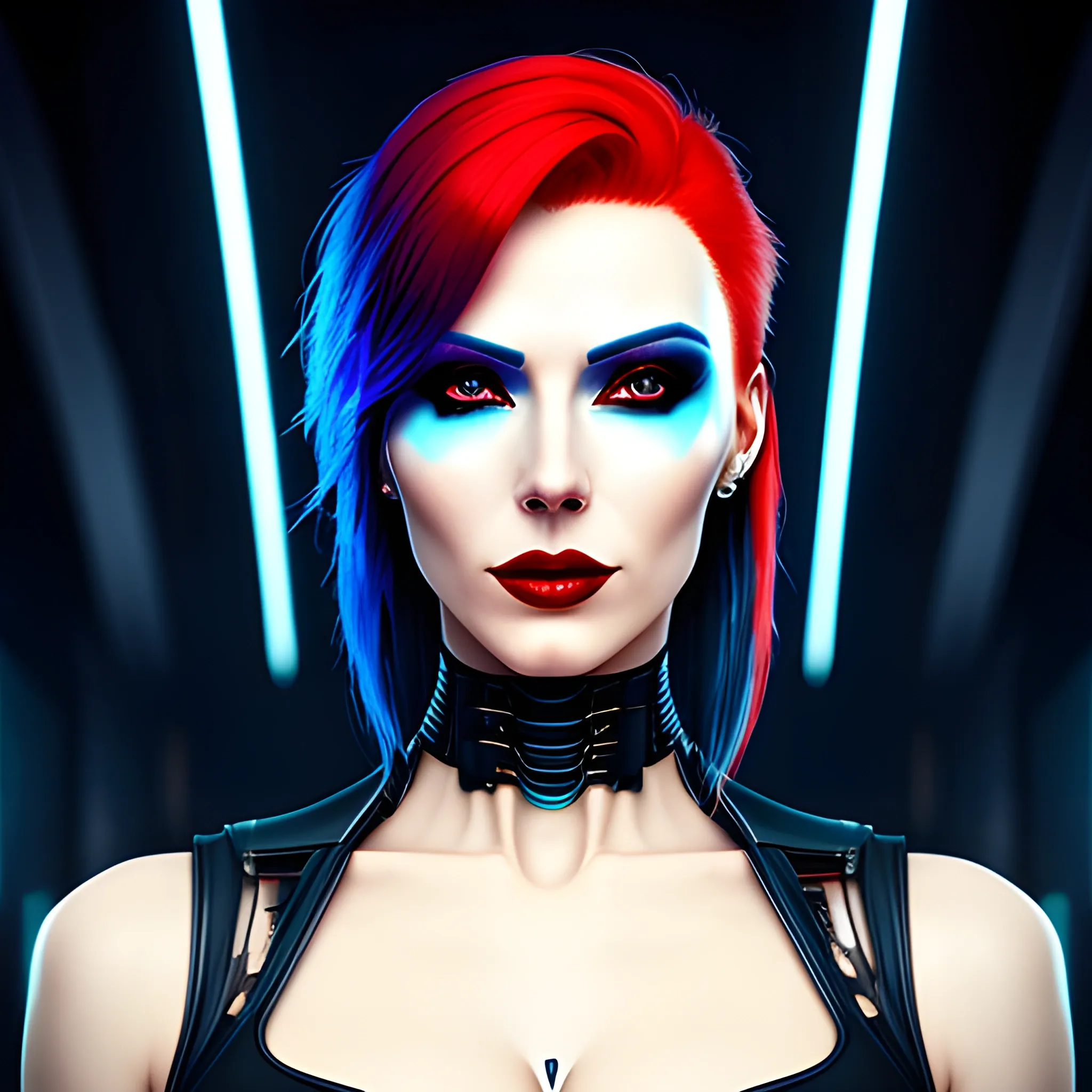 beatiful Cyberpunk girl, girl with red hair, dim lights, blue and black tones style, surreal, ultra hd, smooth