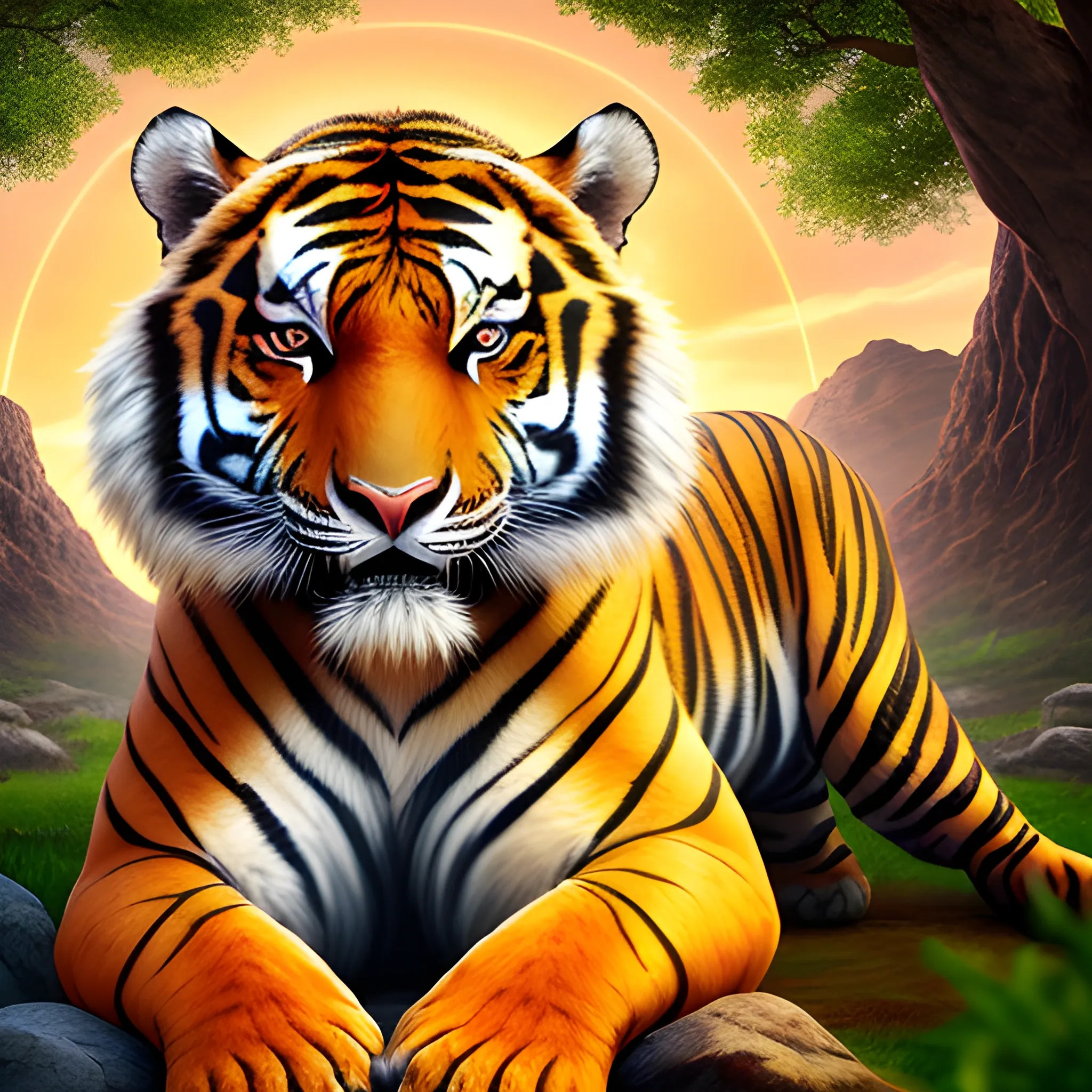 The mighty divine tiger, full of divine aura, with strong limbs and deep eyes, formation background, masterpiece, best quality, 4K picture quality