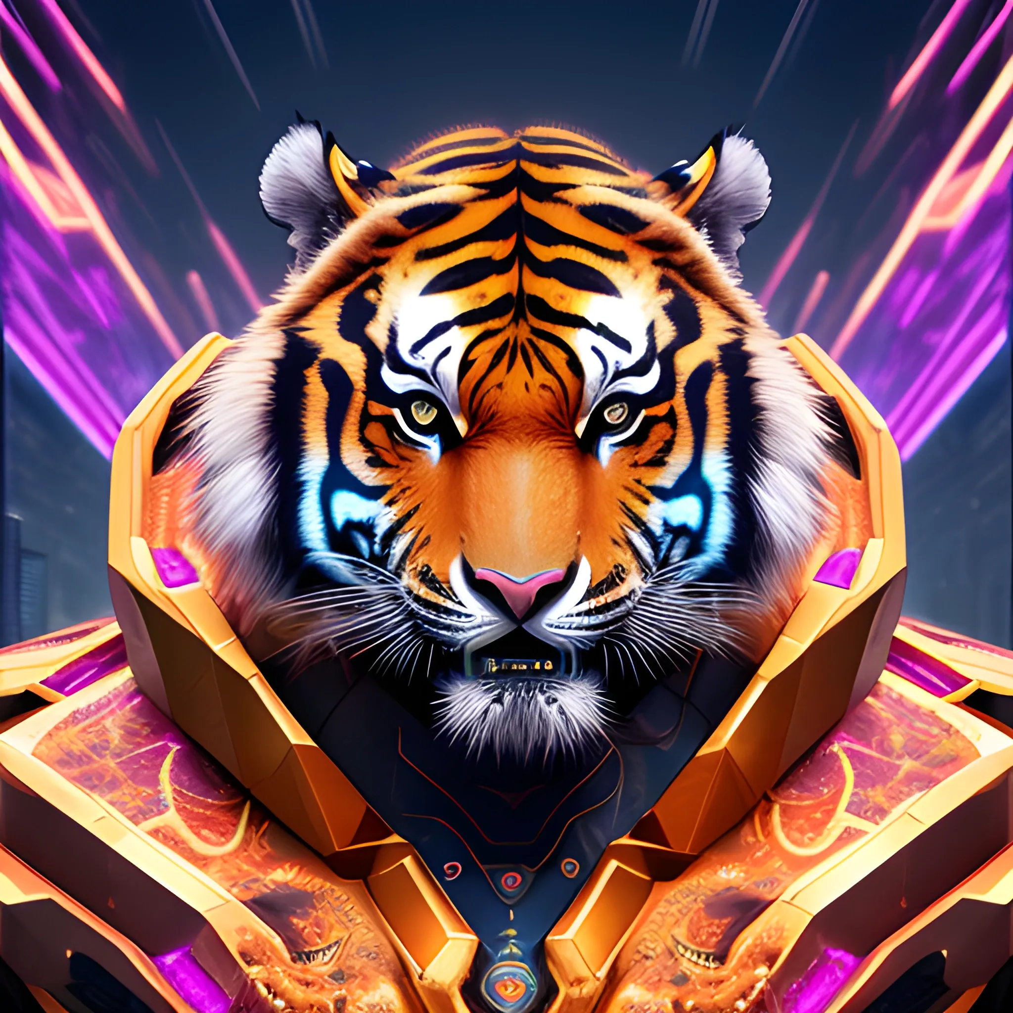 The mighty divine tiger, full of divine aura, with strong limbs and deep eyes, formation background, masterpiece, best quality, 4K picture quality, cyberpunk style, tiger body wearing mecha, Trippy