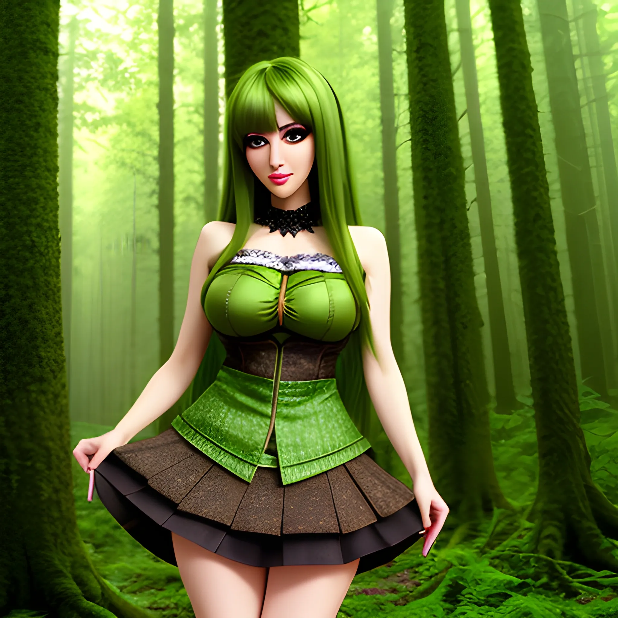 Charming lolita, short skirt, brown eyes, long green hair, forest background, full body photo, HD quality