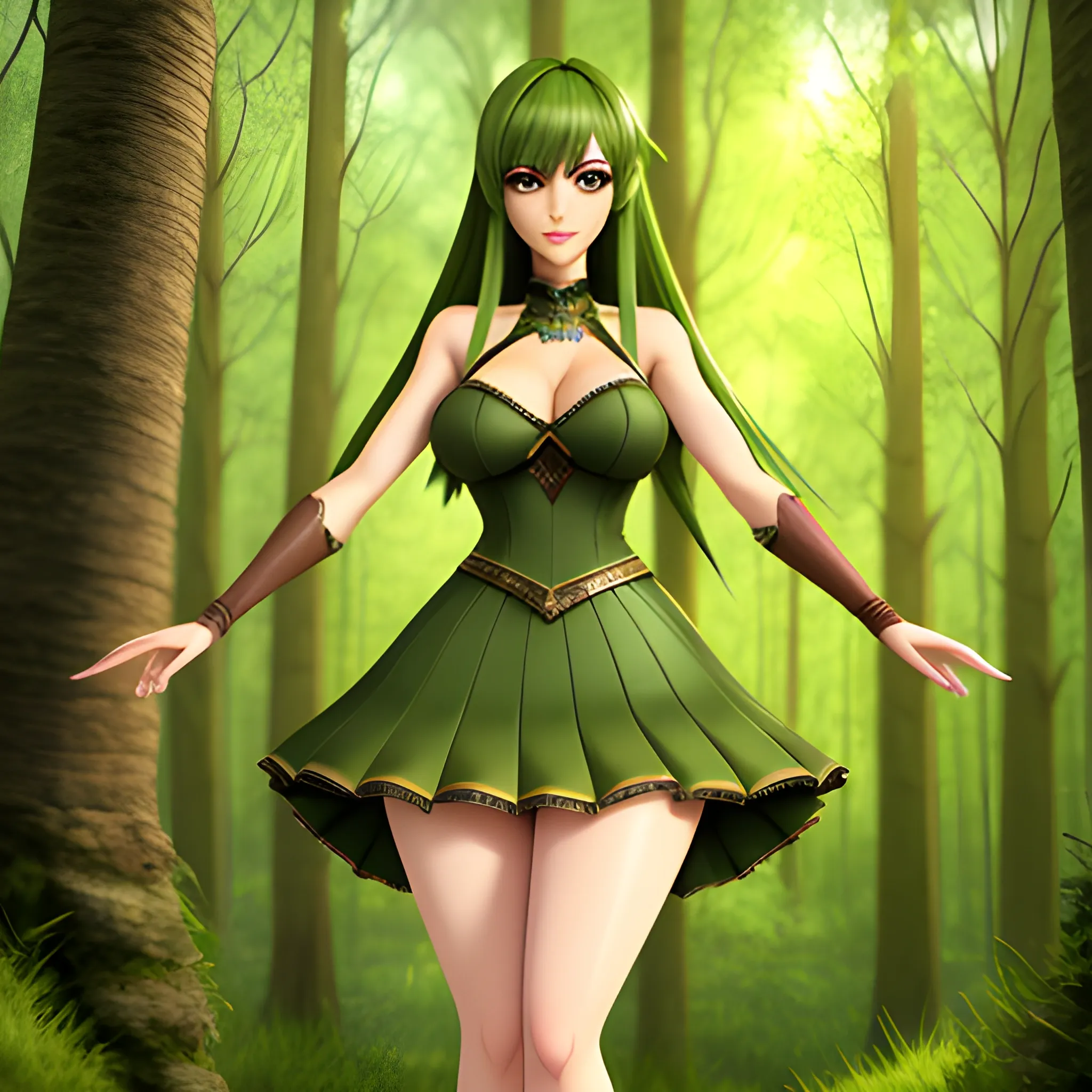 Charming lolita, short skirt, brown eyes, long green hair, forest background, full body photo, high definition animation quality, delicate limbs,