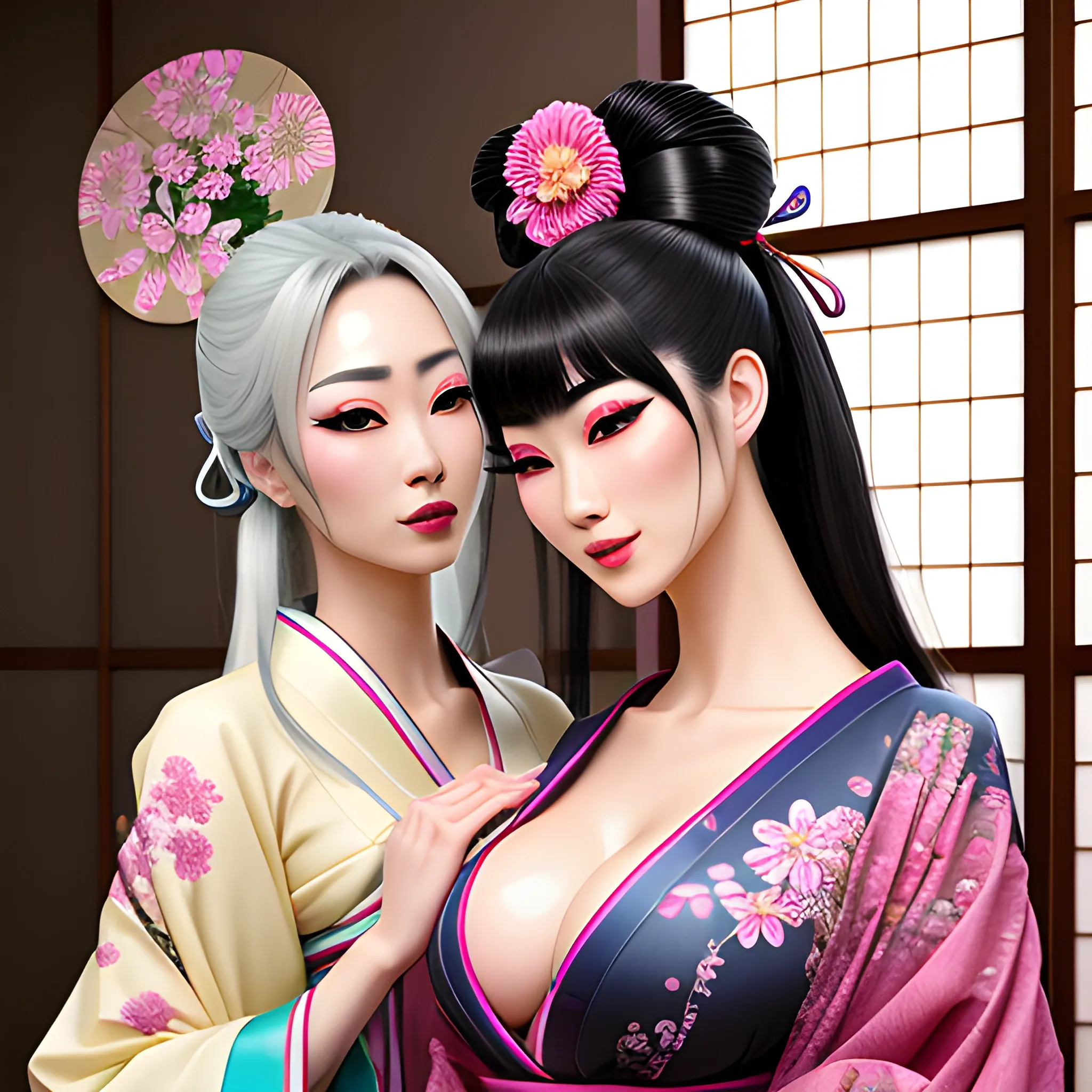 two dynamically different hyper beautiful ethnic girls with hyper dynamic hyper detailed brightly colored Japanese tattoos hyper flirtatiously dynamically her hands lowering the neckline of her friends kimono, hyper realistic anatomy positioning, hyper realistic hyper perfect anatomy, hyper realistic, hyper realistic positioning, hyper flirty dynamic, their hands dynamically feeling each other, hyper lover dynamic, hyper enticing dynamic, hyper realistic, hyper dynamic, hyper dynamic cleavage, dynamic zoom, hyper flirty dynamic her hands lowering the neckline of her friends kimono pose, hyper dynamic, hyper dynamically flirty expressions, hyper beautiful face, hyper realistic, hyper beautiful face, hyper dynamic traditional hair styles, wearing hyper detailed pastel fantasy traditional dynamically draped dynamically revealing Japanese garb, hyper detailed traditional Japanese training room interior background, HD, 8k, photography