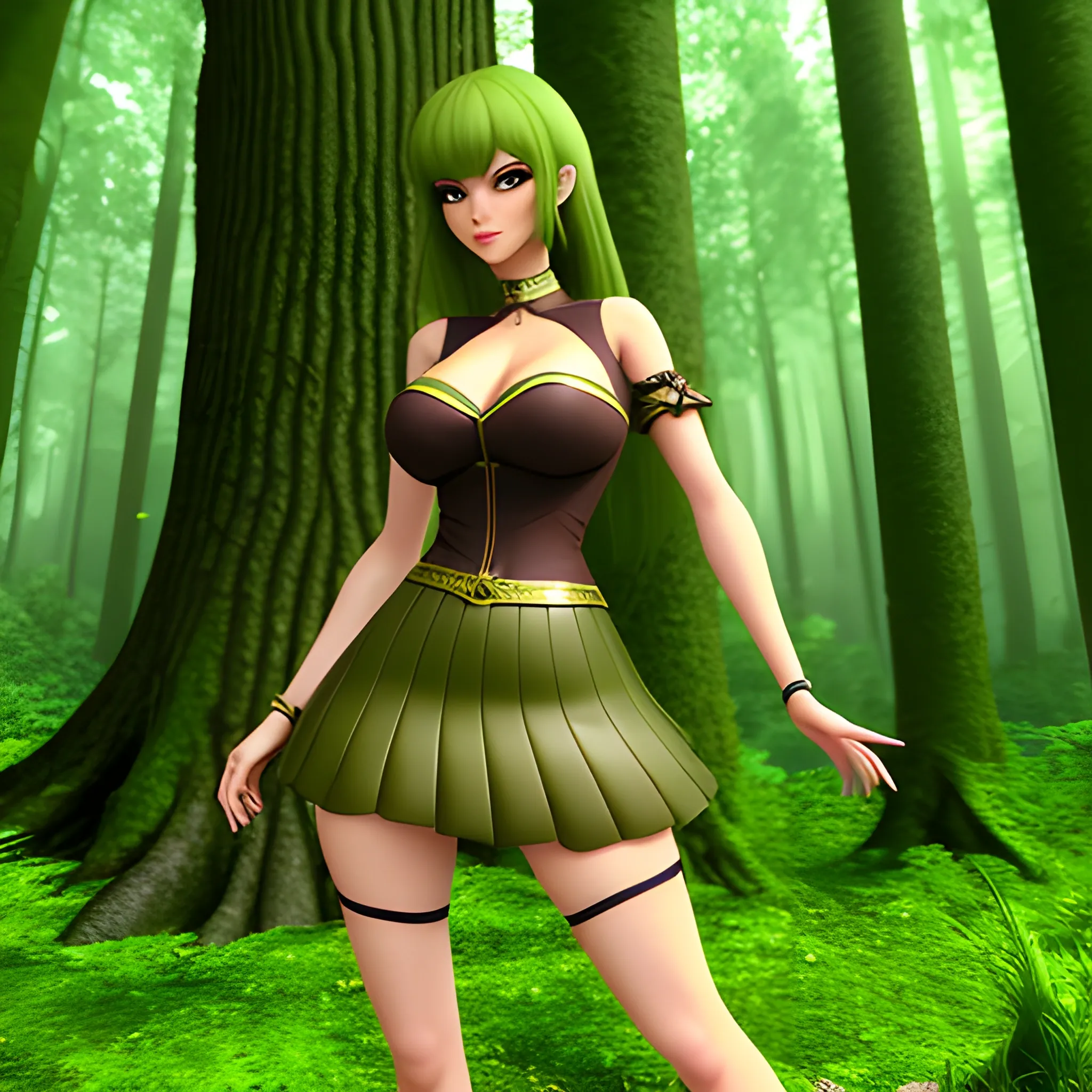 Charming lolita, short skirt, brown eyes, long green hair, forest background, full body photo, high-definition animation quality, exquisite limbs, virtual collection level, 3D sense of déjà vu