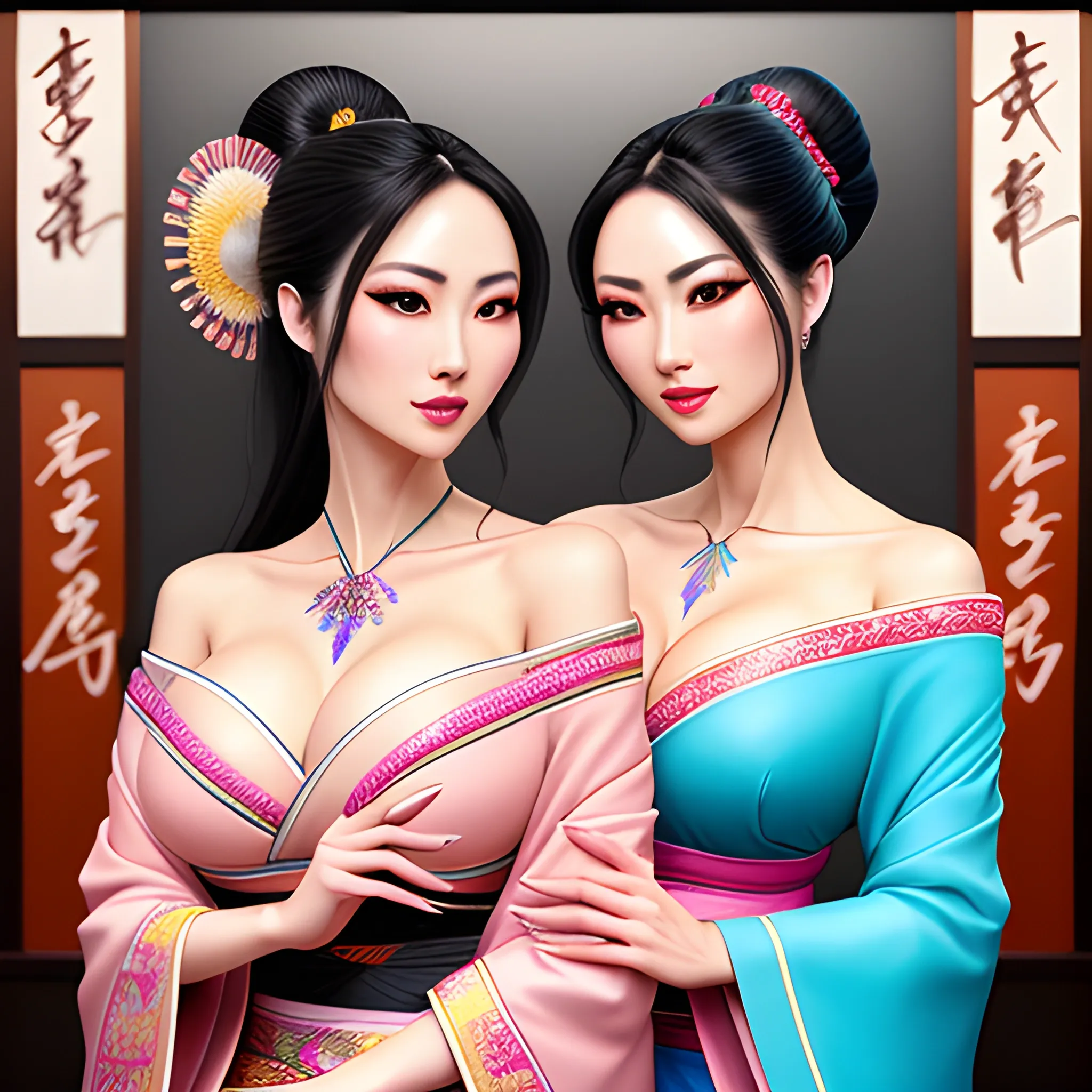 two dynamically different hyper beautiful ethnic girls with hyper dynamic hyper detailed brightly colored Japanese tattoos hyper flirtatiously dynamically her hand lowers the neckline of her friends hyper detailed off shoulder kimono, hyper realistic anatomy positioning, hyper realistic hyper perfect anatomy, hyper realistic, hyper realistic positioning, hyper flirty dynamic, their hands dynamically feeling each other, hyper lover dynamic, hyper enticing dynamic, hyper realistic, hyper dynamic, hyper dynamic cleavage, dynamic zoom, hyper flirty dynamic her hand lowers the neckline of her friends hyper detailed off shoulder kimono, hyper dynamic, hyper dynamically flirty expressions, hyper beautiful face, hyper realistic, hyper beautiful face, hyper dynamic traditional hair styles, wearing hyper detailed pastel fantasy traditional dynamically draped dynamically revealing Japanese garb, hyper detailed traditional Japanese training room interior background, HD, 8k, photography