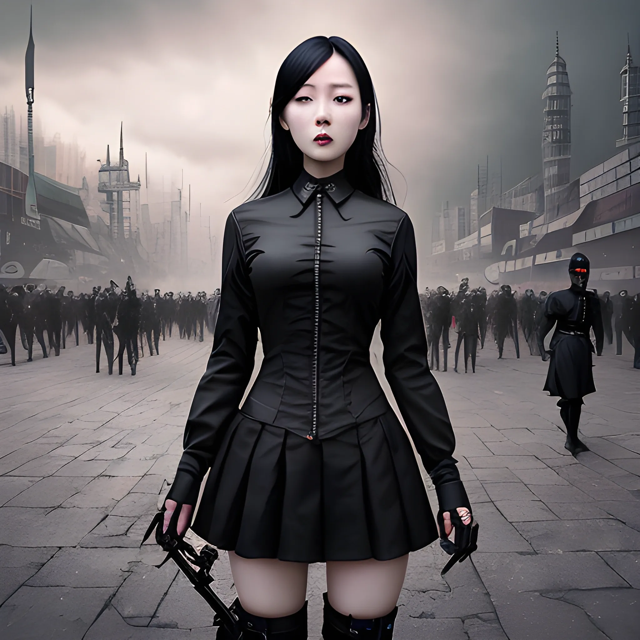 gothic painting  dark painting, intensive colors, military fashion shot of a beautiful modern agitated korean actress KIm  Yoo-mi posing in front of a postapocaliptic city, open mouth, full figure, regular face, big bossom, fit, tight costume,  short skirt,  legs,  collar, postapocaliptic city nigh, sinister by Greg Rutkowski , 3D