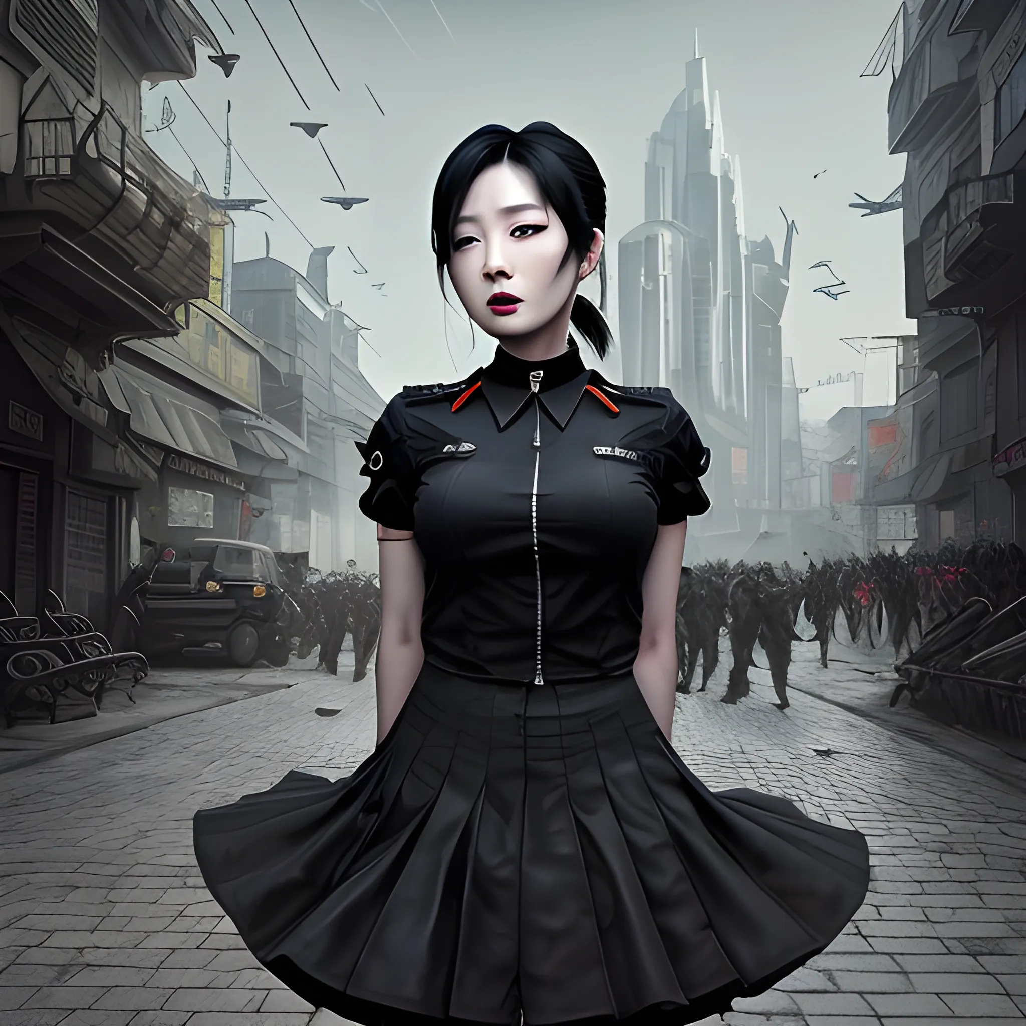 gothic painting  dark painting, intensive colors, military fashion shot of a beautiful modern agitated korean actress KIm  Yoo-mi posing in front of a postapocaliptic city, open mouth, full figure, regular face, big bossom, fit, tight costume,  short skirt,  legs,  collar, postapocaliptic city nigh, sinister by Greg Rutkowski , 3D