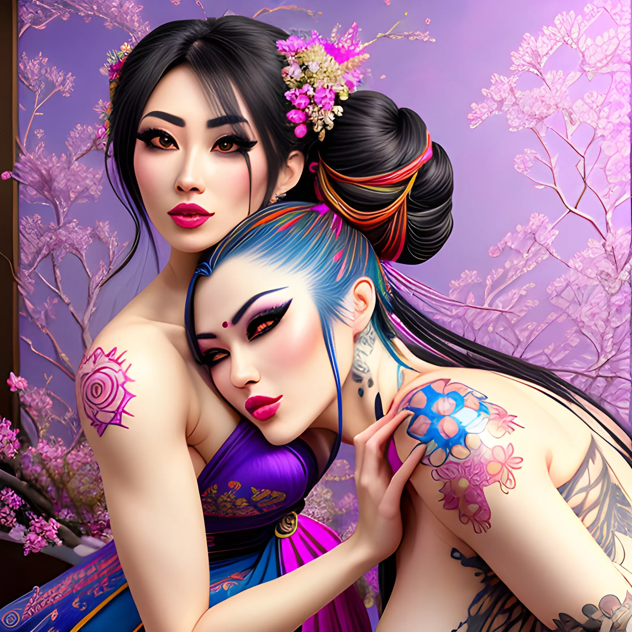 two dynamically different hyper beautiful ethnic girls with hyper dynamic hyper detailed brightly colored Japanese tattoos hyper dynamically passionately kissing neck from behind, hyper realistic anatomy positioning, hyper realistic hyper perfect anatomy, hyper realistic, hyper realistic positioning, hyper flirty dynamic, their hands dynamically feeling each other, dynamically fondling, hyper lover dynamic, hyper enticing dynamic, hyper realistic, hyper dynamic, hyper dynamic cleavage, dynamic zoom, hyper passionate dynamic pose, hyper dynamic, hyper dynamically flirty expressions, hyper beautiful face, hyper realistic, hyper beautiful face, hyper dynamic traditional hair styles, wearing hyper detailed pastel fantasy traditional dynamically draped dynamically revealing Japanese garb, hyper detailed traditional Japanese bedroom interior background, HD, 8k, photography