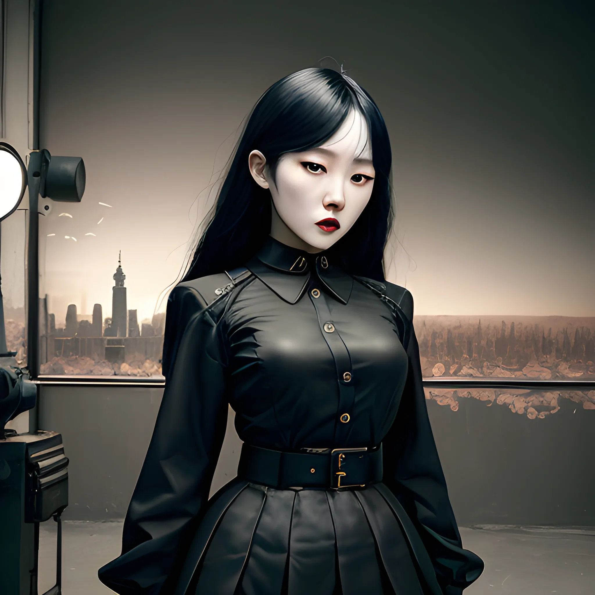 gothic painting  dark painting, intensive colors, military fashion shot of a beautiful modern agitated korean actress Kim  Yoo-mi posing in front of a postapocaliptic city, open mouth, full figure, regular face, big bossom, fit, tight shining costume,  short skirt,  legs,  collar, postapocaliptic city night, sinister by Greg Rutkowski , 3D