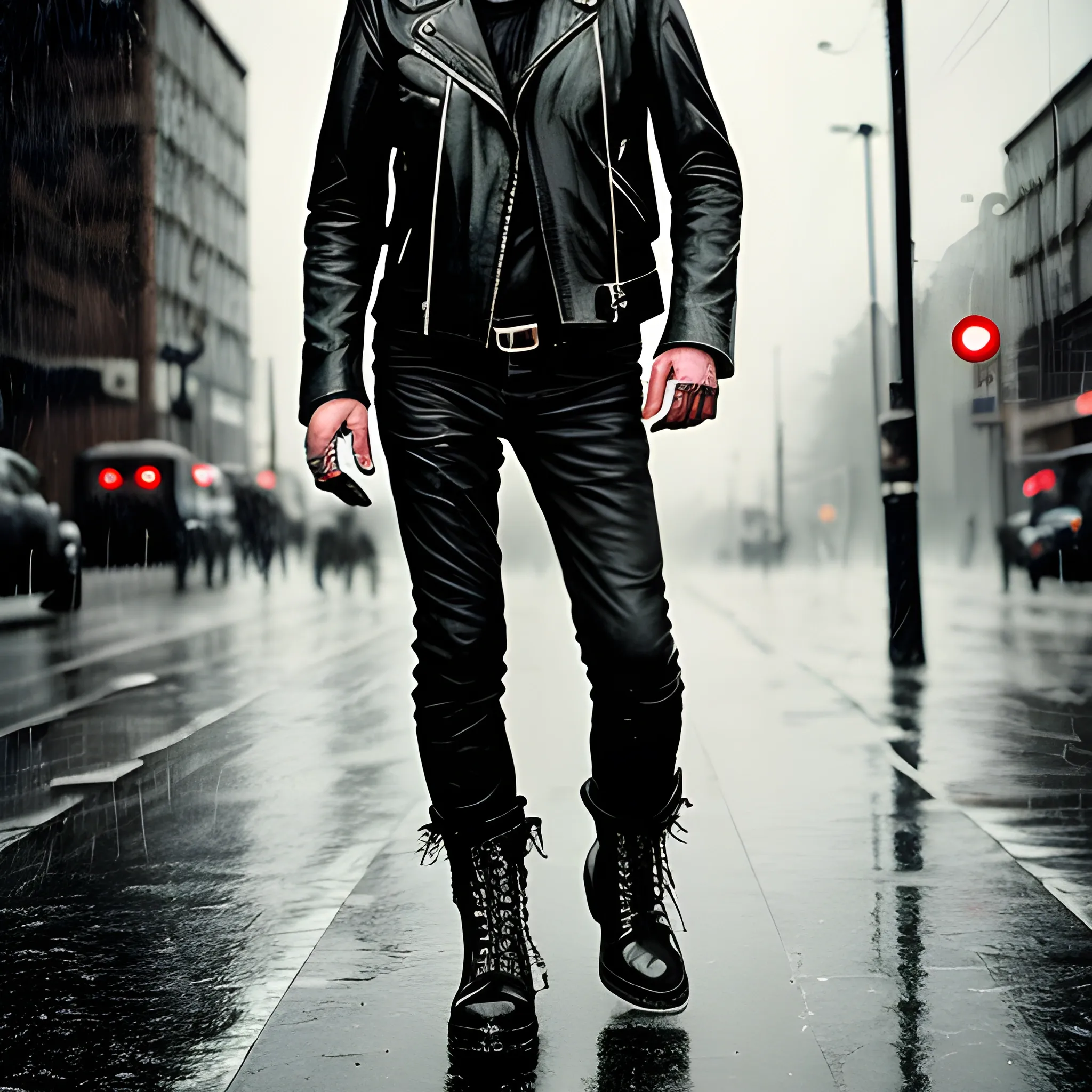 old man banned, outsider, punk, leather jacket, walking on rainy ...