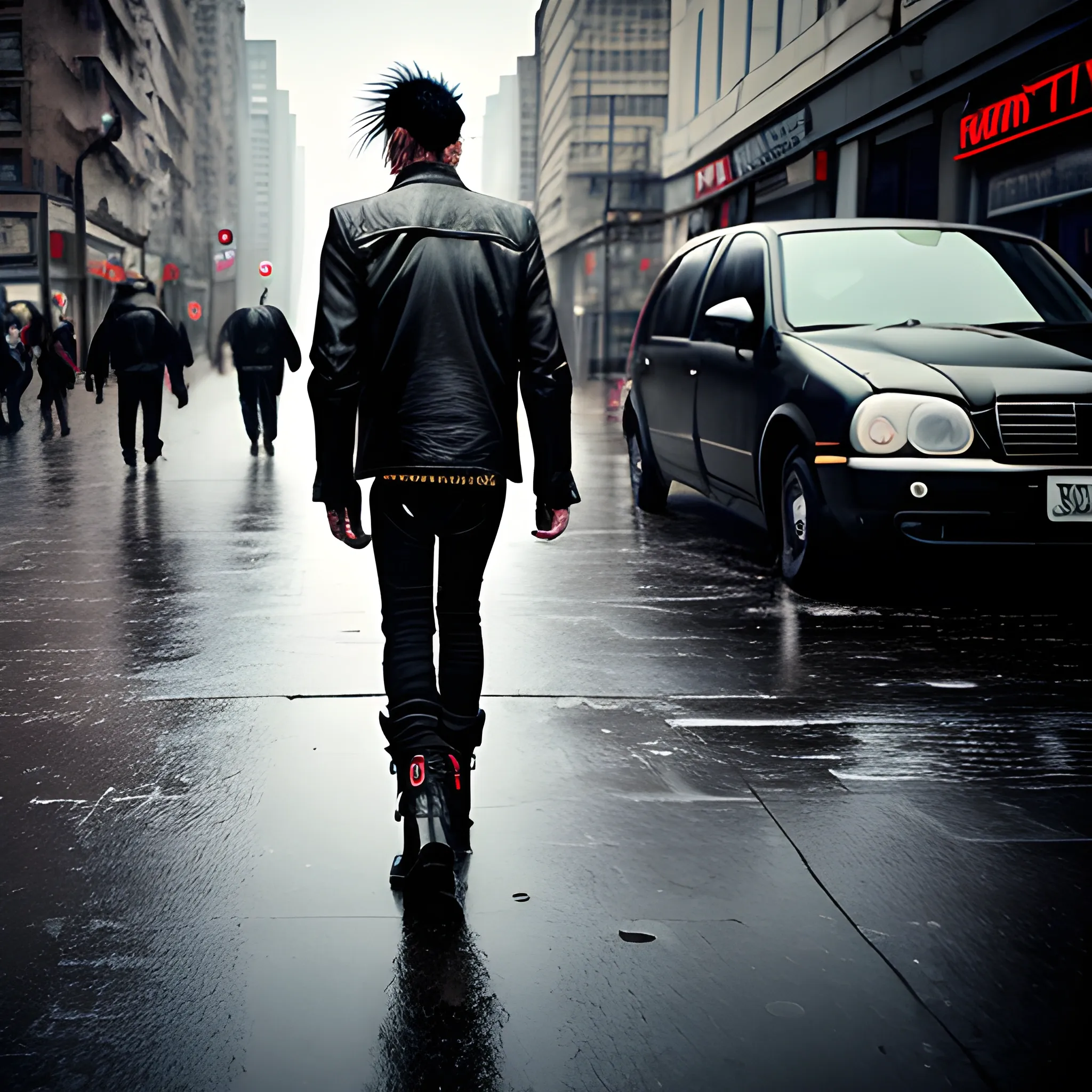 old man banned, outsider, punk, leather jacket, walking on rainy city, alone, boots, thight jeans, red and black fender precision bass guitar on left hand, sad look