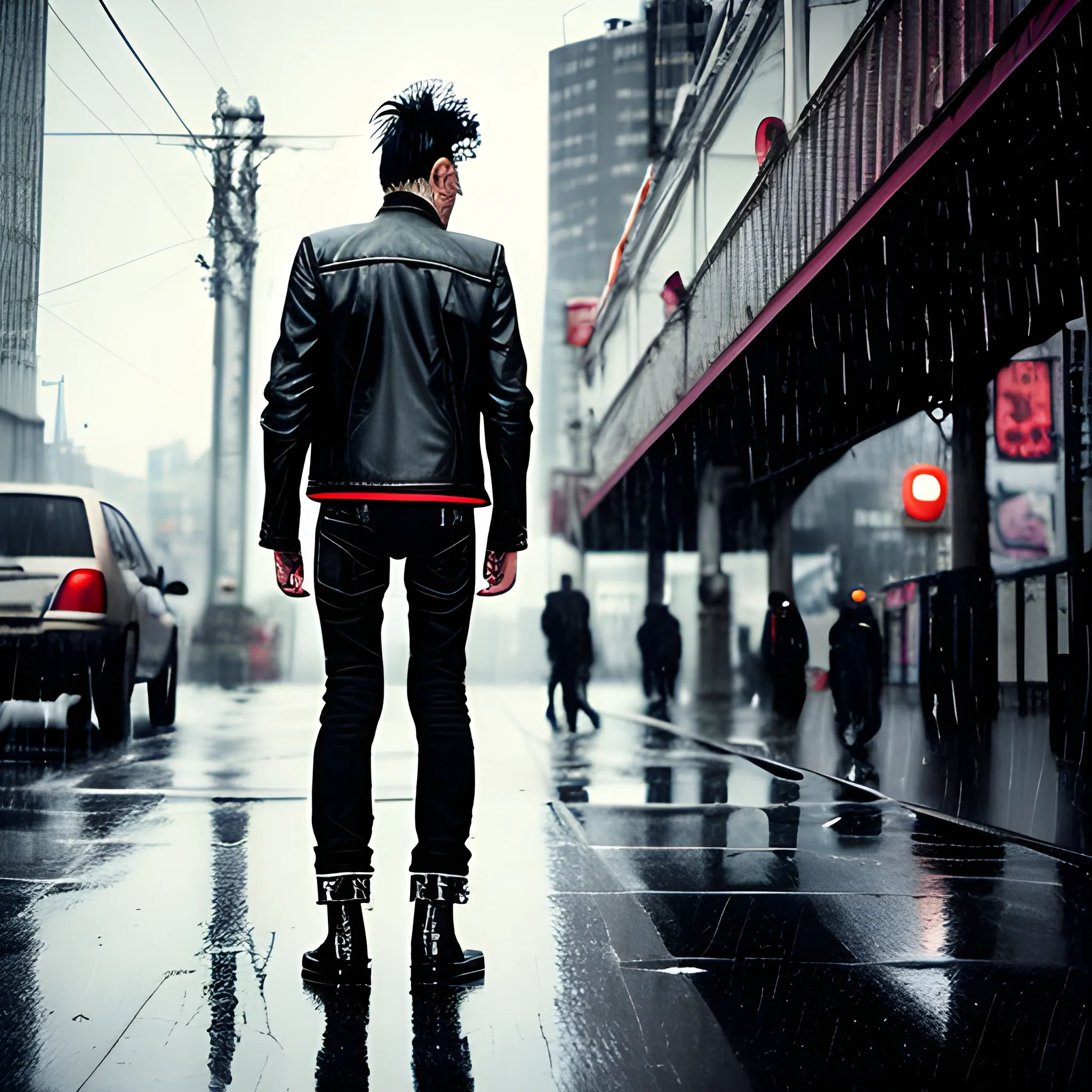 old man banned, outsider, punk, leather jacket, thight jeans, boots, red and black fender precision bass guitar on left hand, on rainy city, alone, sad look