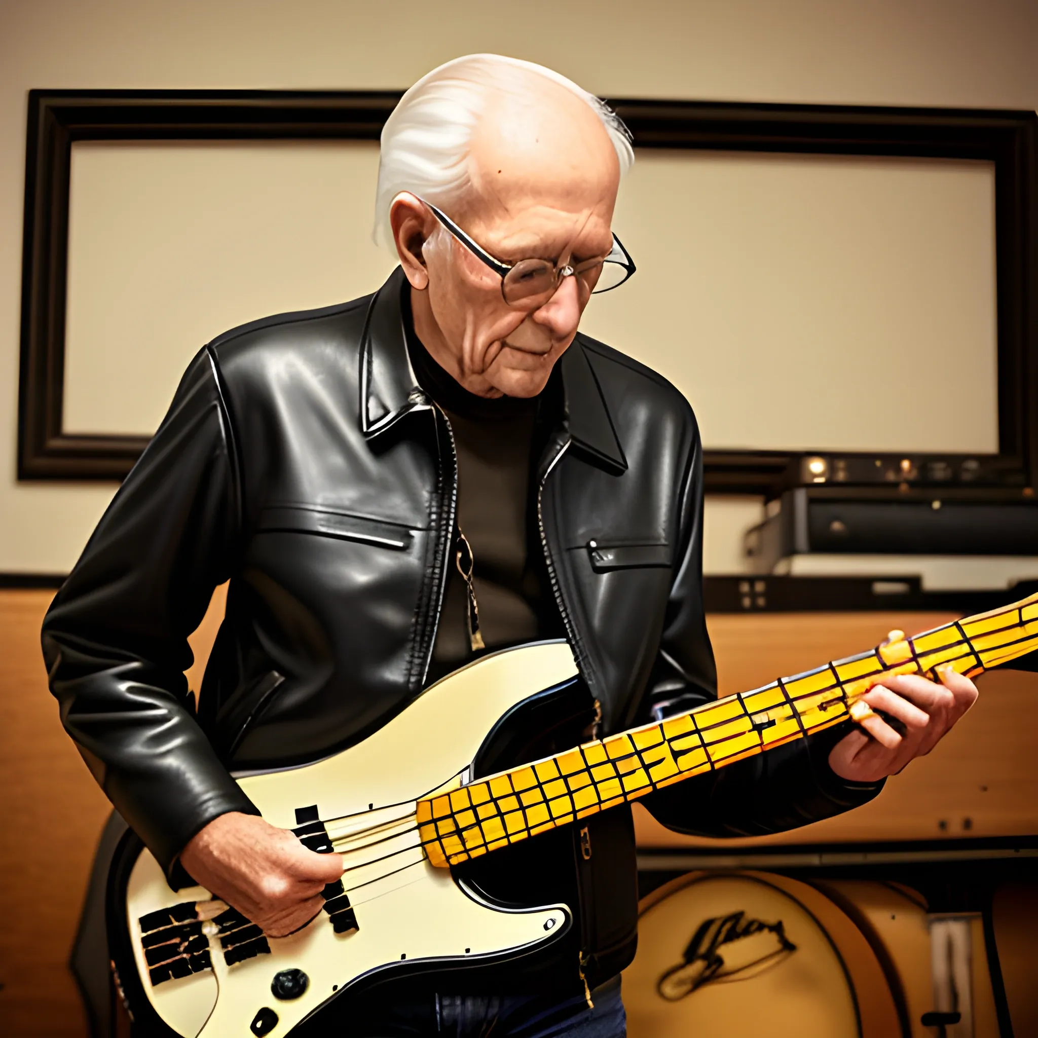 old man in leather jacket playing fender precision bass