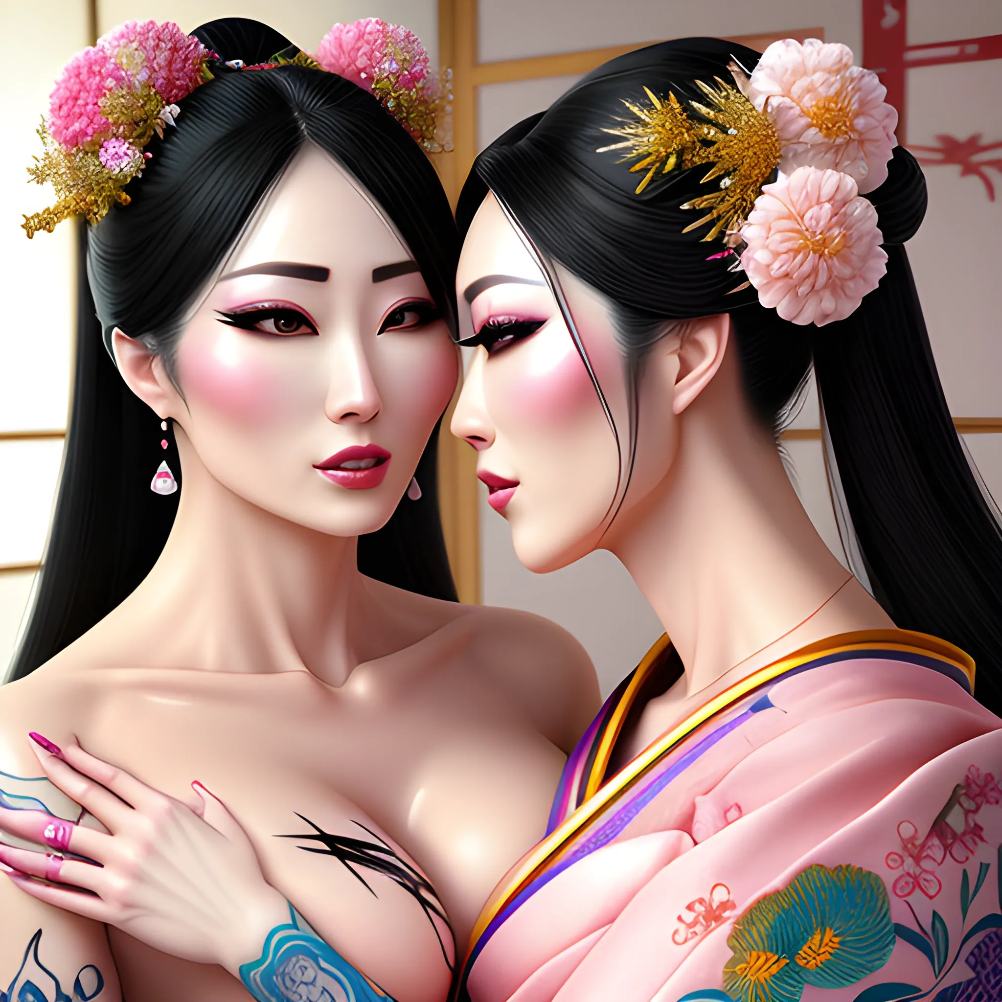 two dynamically different with hyper realistic perfect proper anatomy hyper beautiful ethnic girls with hyper dynamic hyper detailed brightly colored Japanese tattoos hyper dynamically passionately hugging waist and kissing, hyper realistic anatomy positioning, hyper realistic hyper perfect anatomy, hyper realistic, hyper realistic positioning, hyper flirty dynamic, their hands dynamically feeling each other, dynamically fondling, hyper lover dynamic, hyper enticing dynamic, hyper realistic, hyper dynamic, hyper realistic dynamic cleavage, dynamic zoom, hyper passionate dynamic pose, hyper dynamic, hyper dynamically flirty expressions, hyper beautiful face, hyper realistic, hyper beautiful face, only two hands per girl, only five fingers per hand, only two arms per girl, hyper dynamic traditional hair styles, wearing hyper detailed pastel fantasy traditional dynamically draped dynamically revealing Japanese garb, hyper detailed traditional Japanese bedroom interior background, HD, 8k, photography