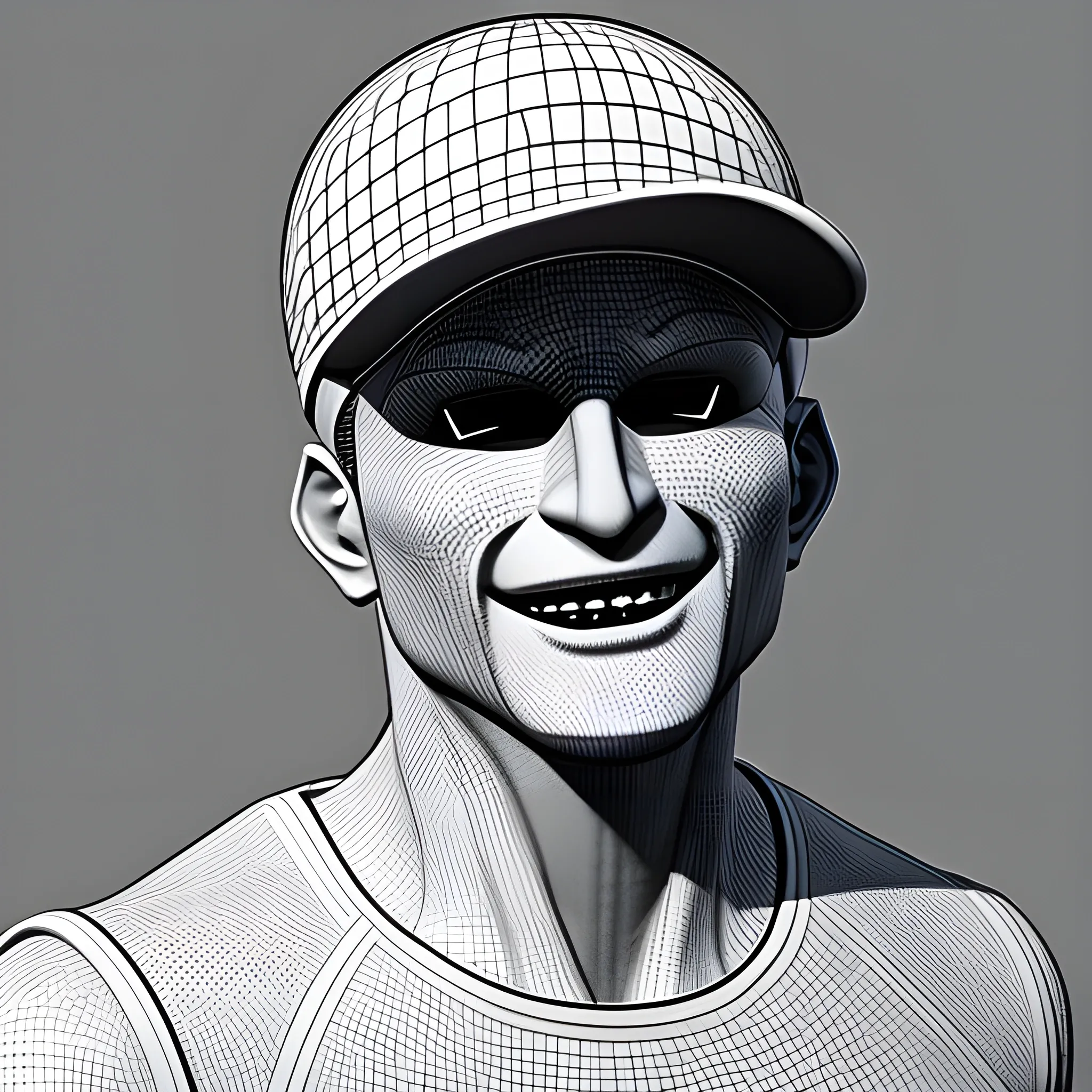 Madness Combat Deimos wearing a tennis hat looking happy, 3D, Pencil Sketch, Cartoon