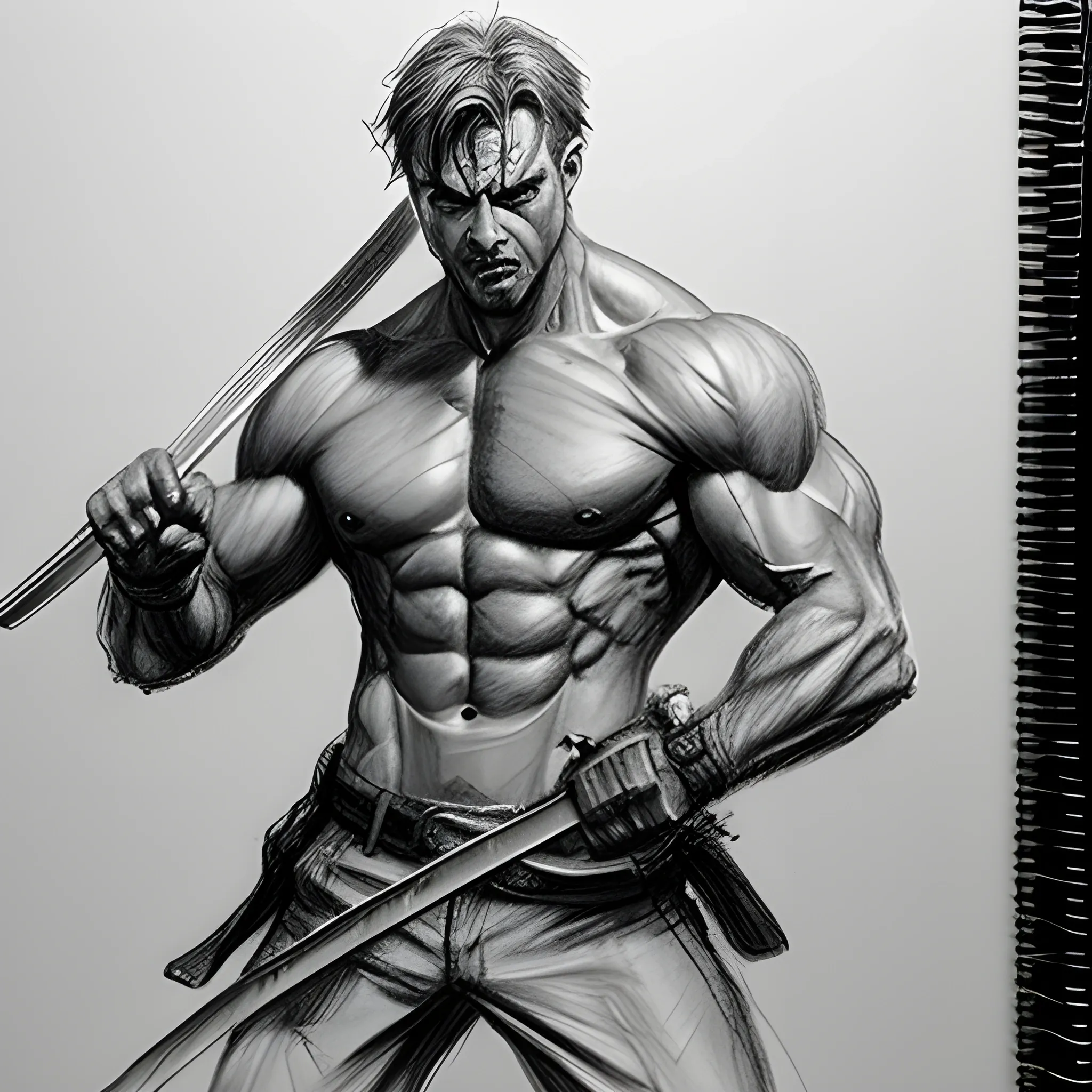 Madness Combat Sanford wielding a katana while showing his abs, Pencil Sketch, 3D