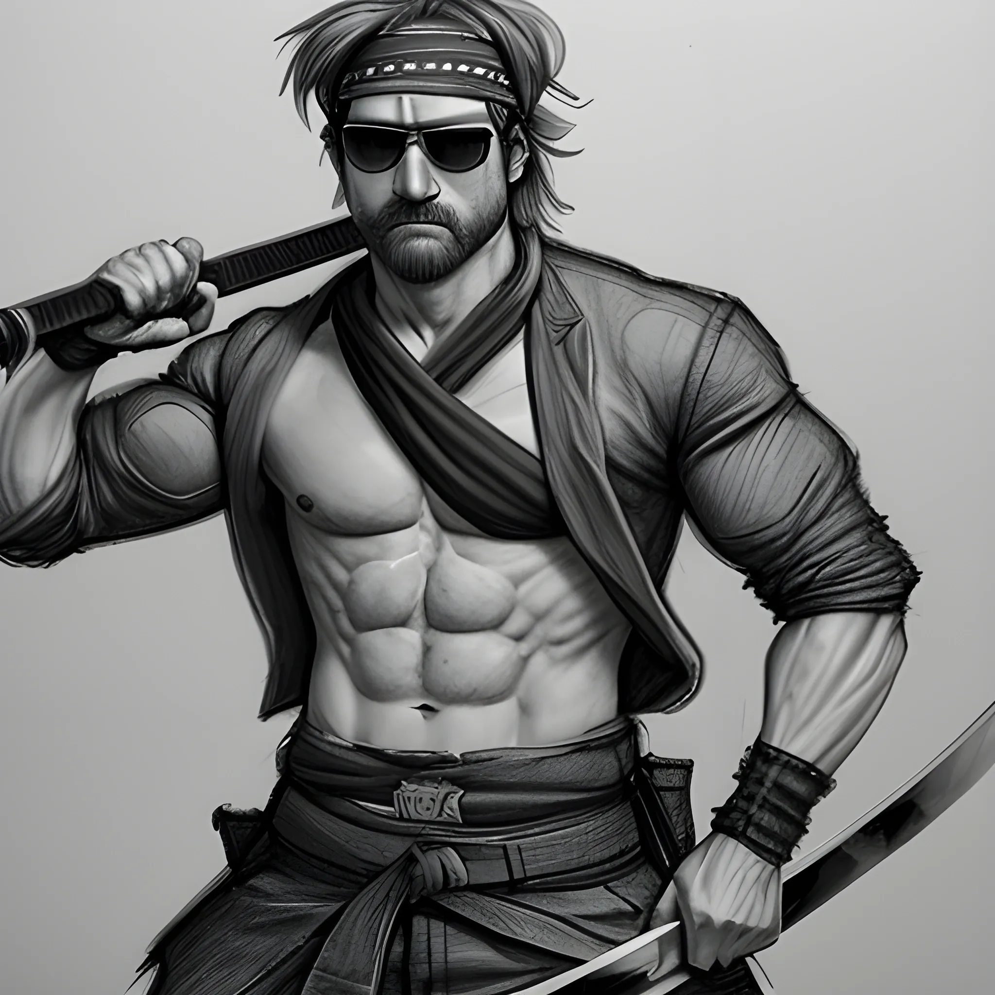 Madness Combat Sanford wielding a katana while showing his abs also wearing a sunglasses and a bandana, Pencil Sketch, 3D