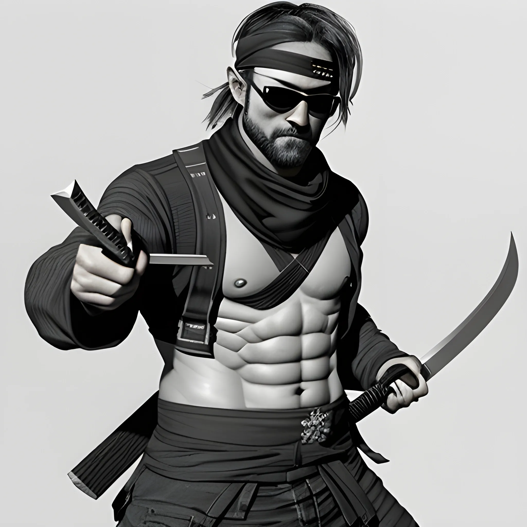 Madness Combat Sanford wielding a katana while showing his abs also wearing a sunglasses and a black bandana, Pencil Sketch, 3D