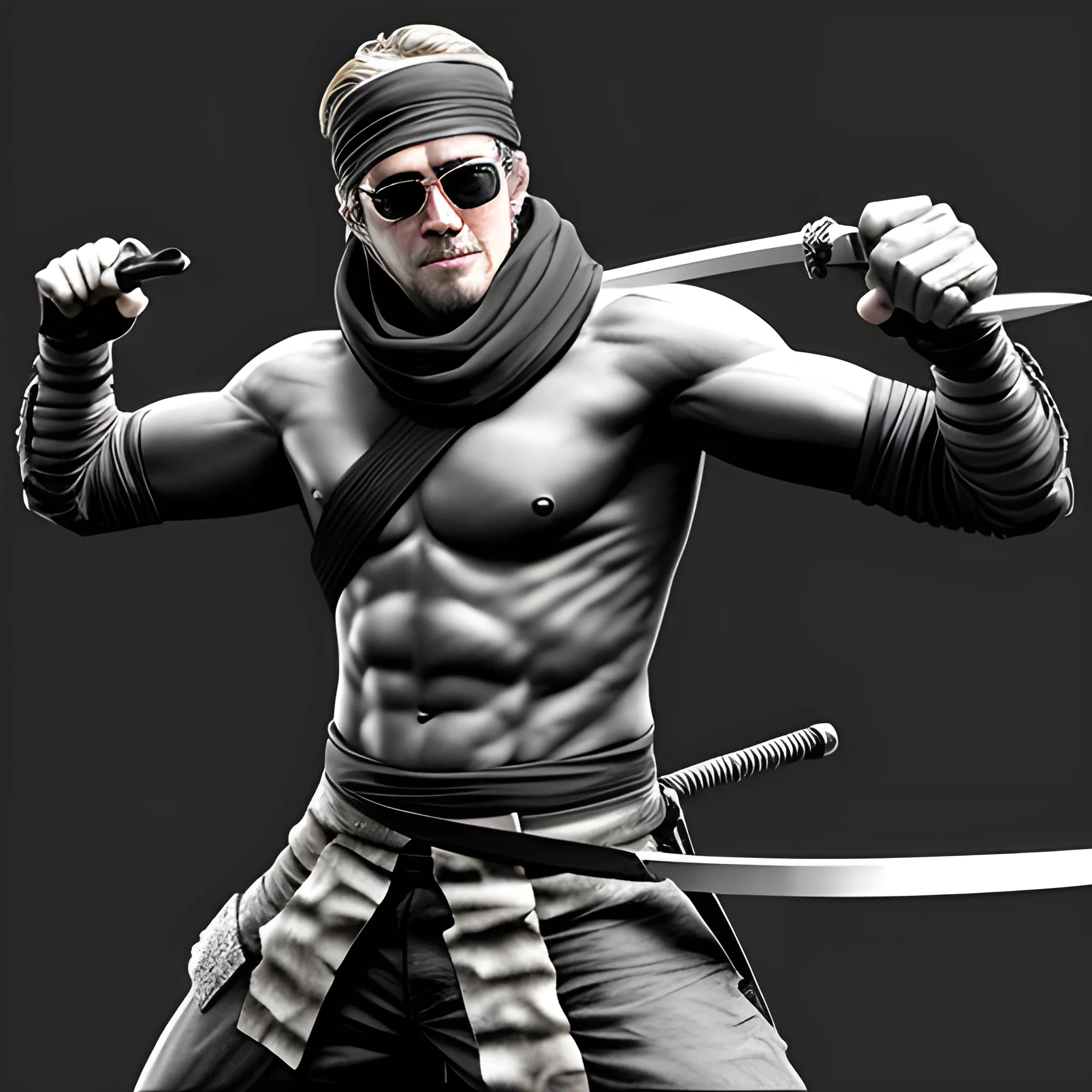 Madness Combat Sanford wielding a katana while showing his abs also wearing a sunglasses and a black bandana covering his head, Pencil Sketch, 3D