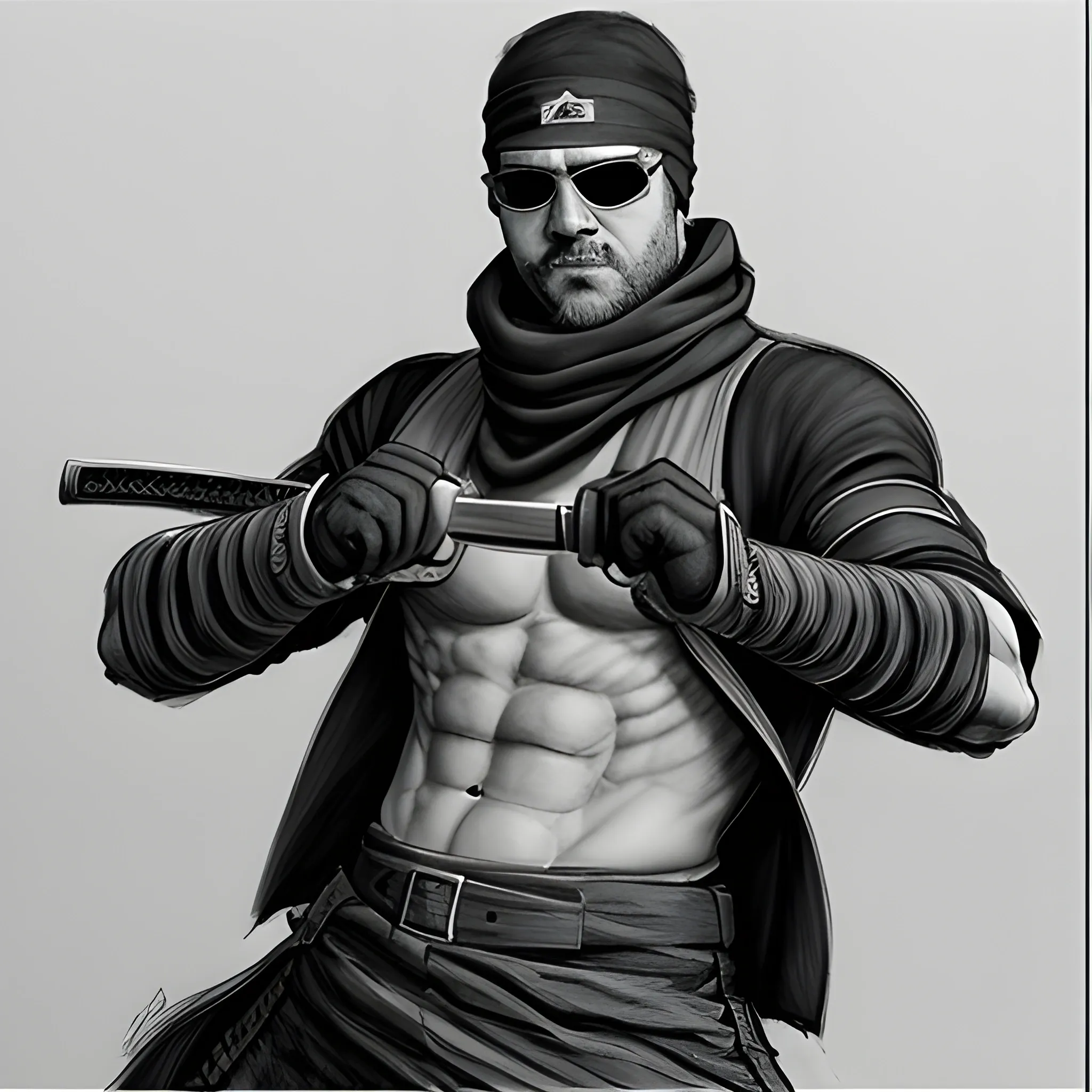 Madness Combat Sanford wielding a katana while showing his abs also wearing a sunglasses and a black bandana covering his entire head, Pencil Sketch, 3D