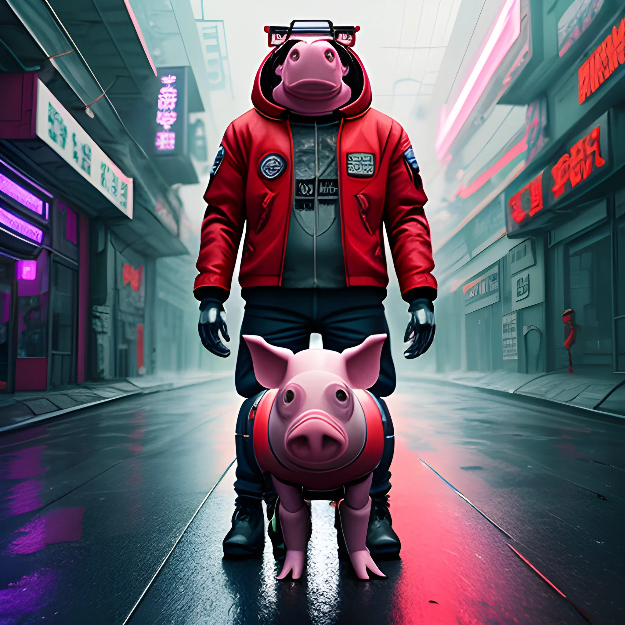 Robot pig in space city, cyberpunk, red jacket in the rain, extremely high quality