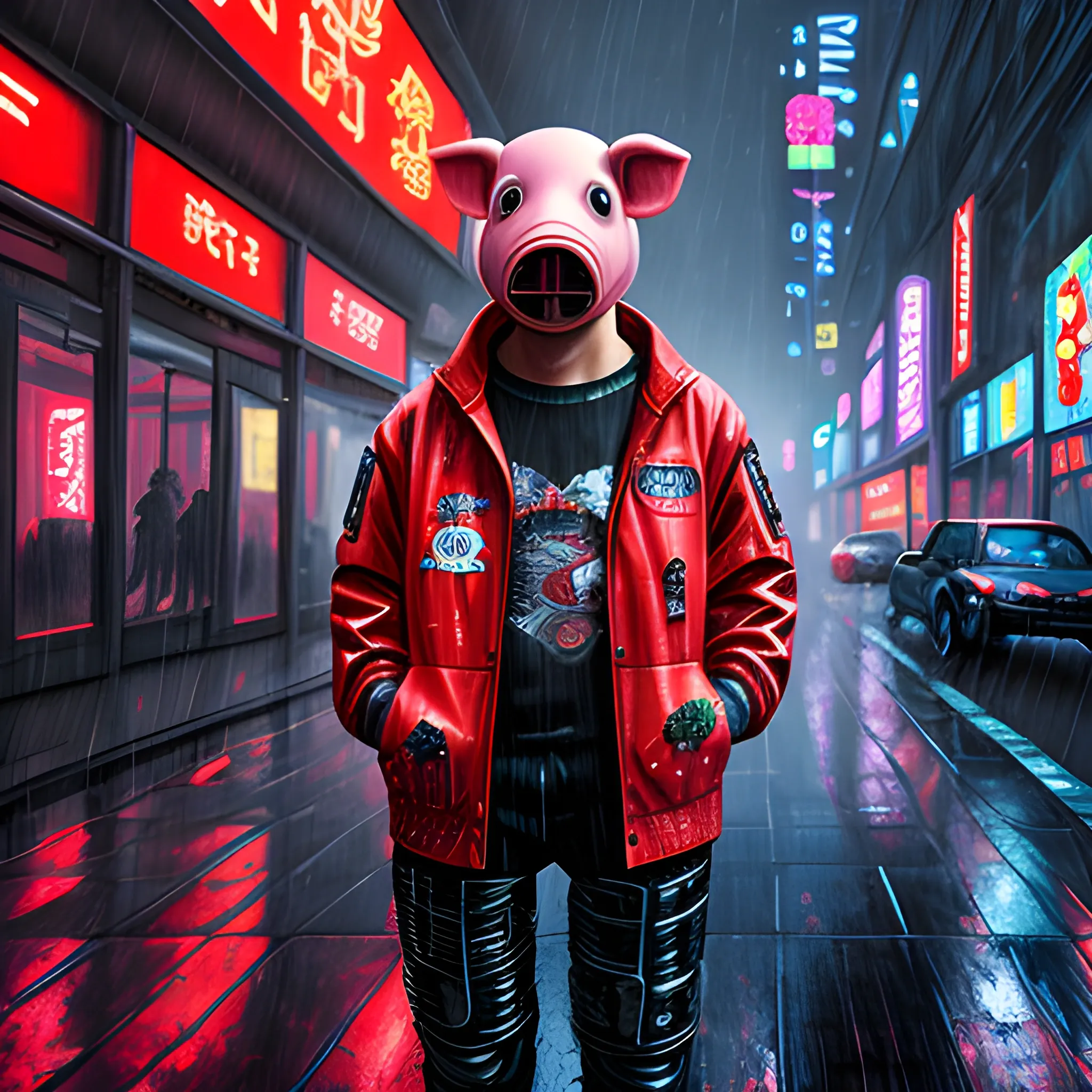 Robot pig in space city, cyberpunk, red jacket in the rain, extremely high quality, 3D, Oil Painting, Trippy