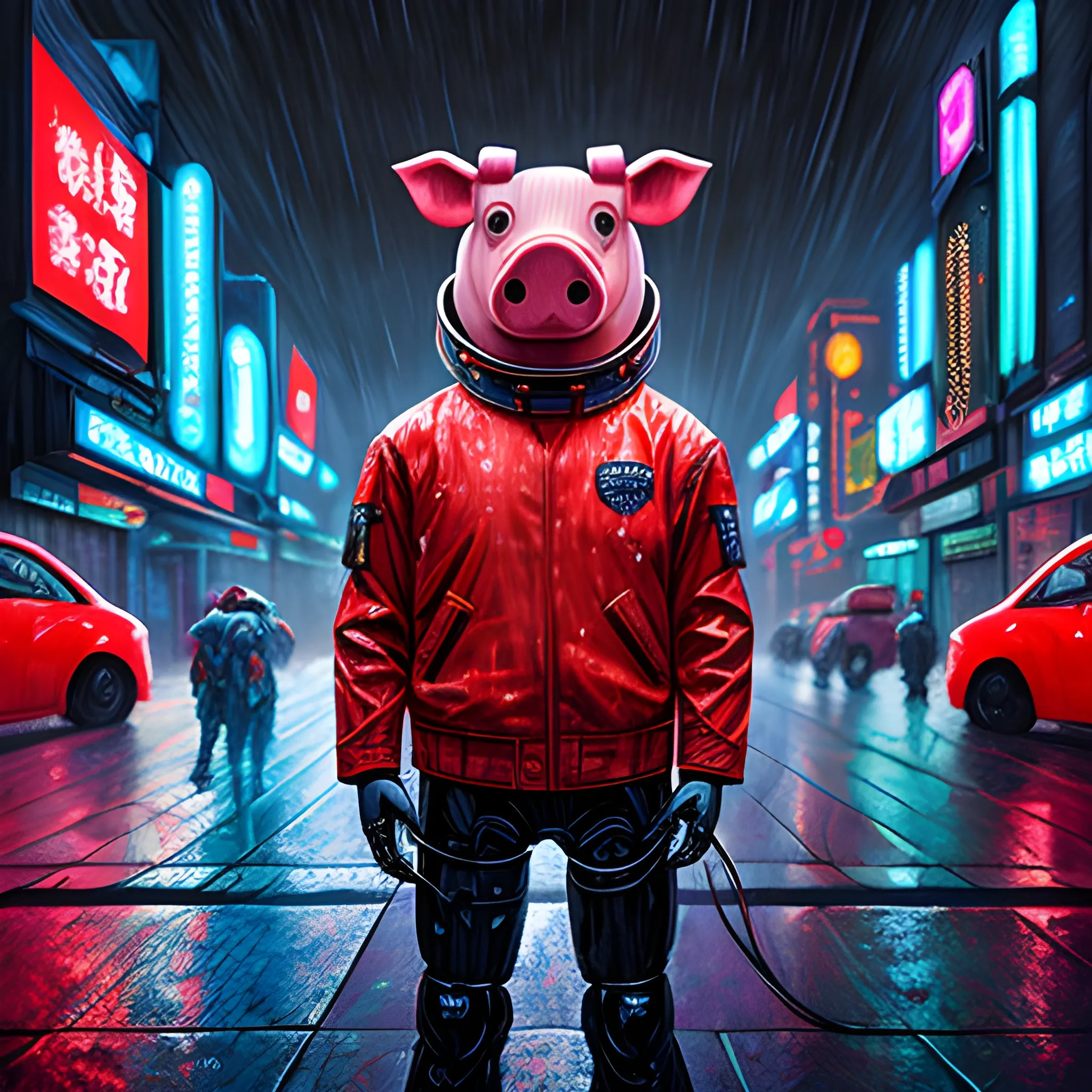 Robot pig in space city, cyberpunk, red jacket in the rain, extremely high quality, 3D, Oil Painting, Trippy