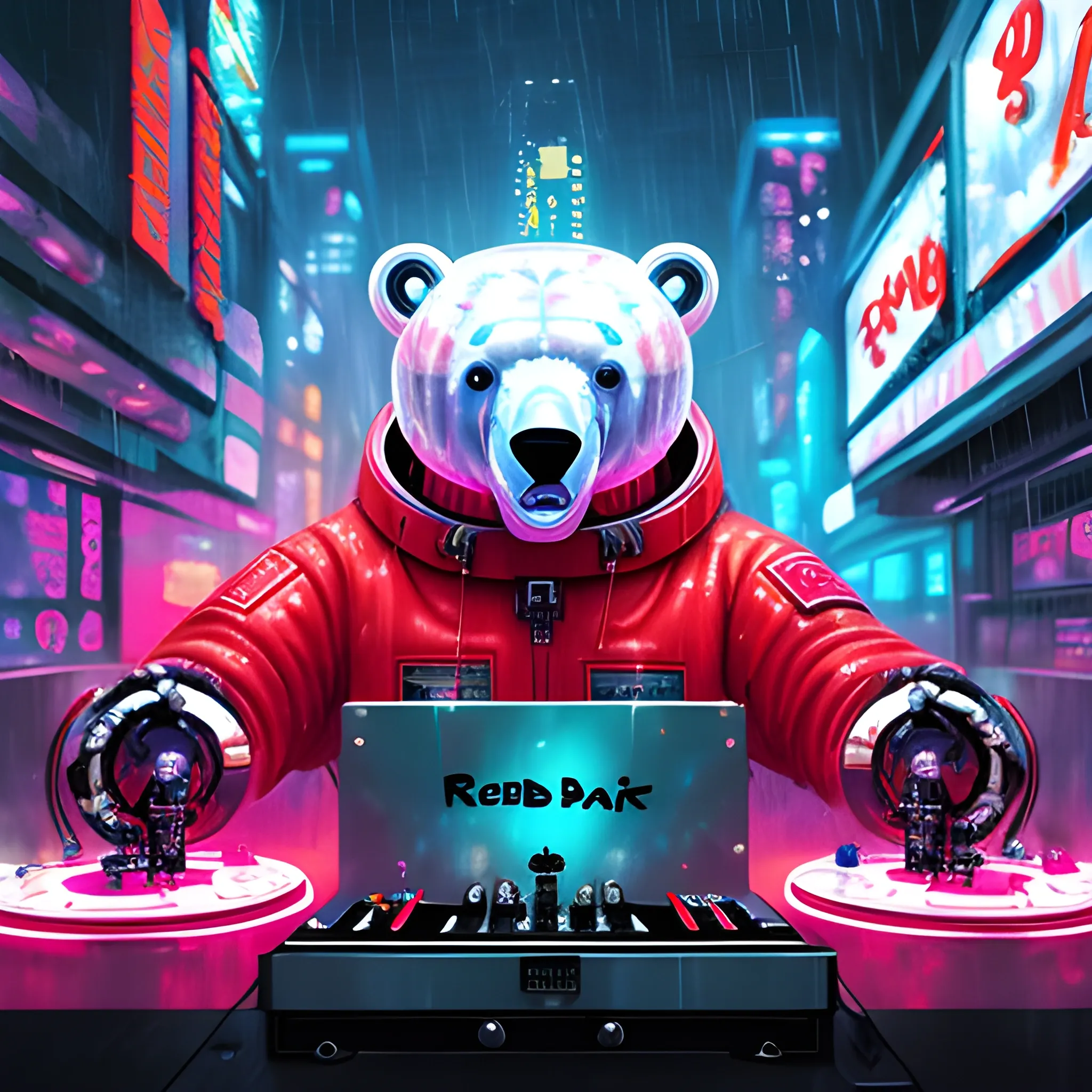 Robot polar bear dj play party in space city, cyberpunk, red jacket in the rain, extremely high quality, 3D, Oil Painting, Trippy