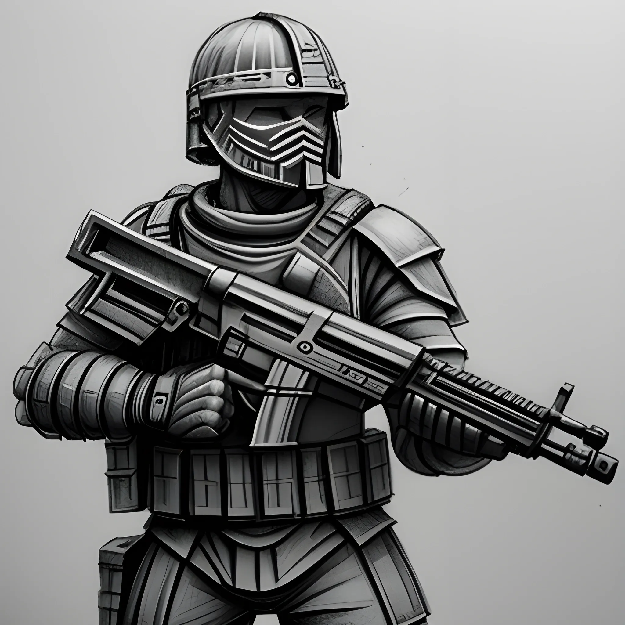 The Metro Spartan order grunt wielding AK74, Pencil Sketch, 3D