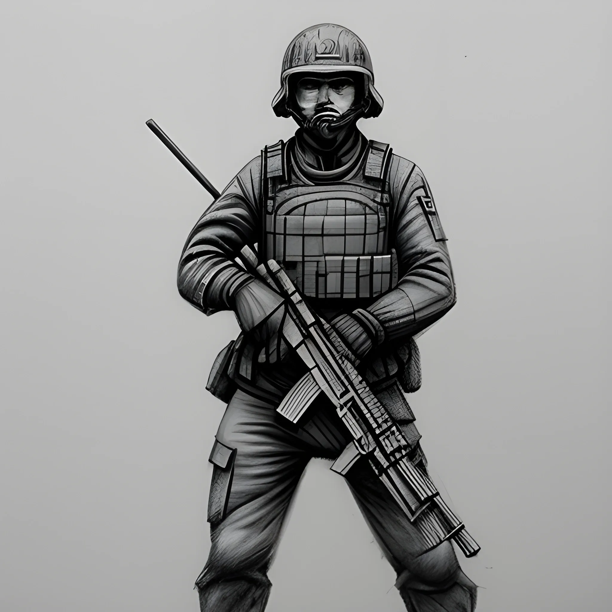 The Metro Red Army grunt wielding AK74, Pencil Sketch, 3D