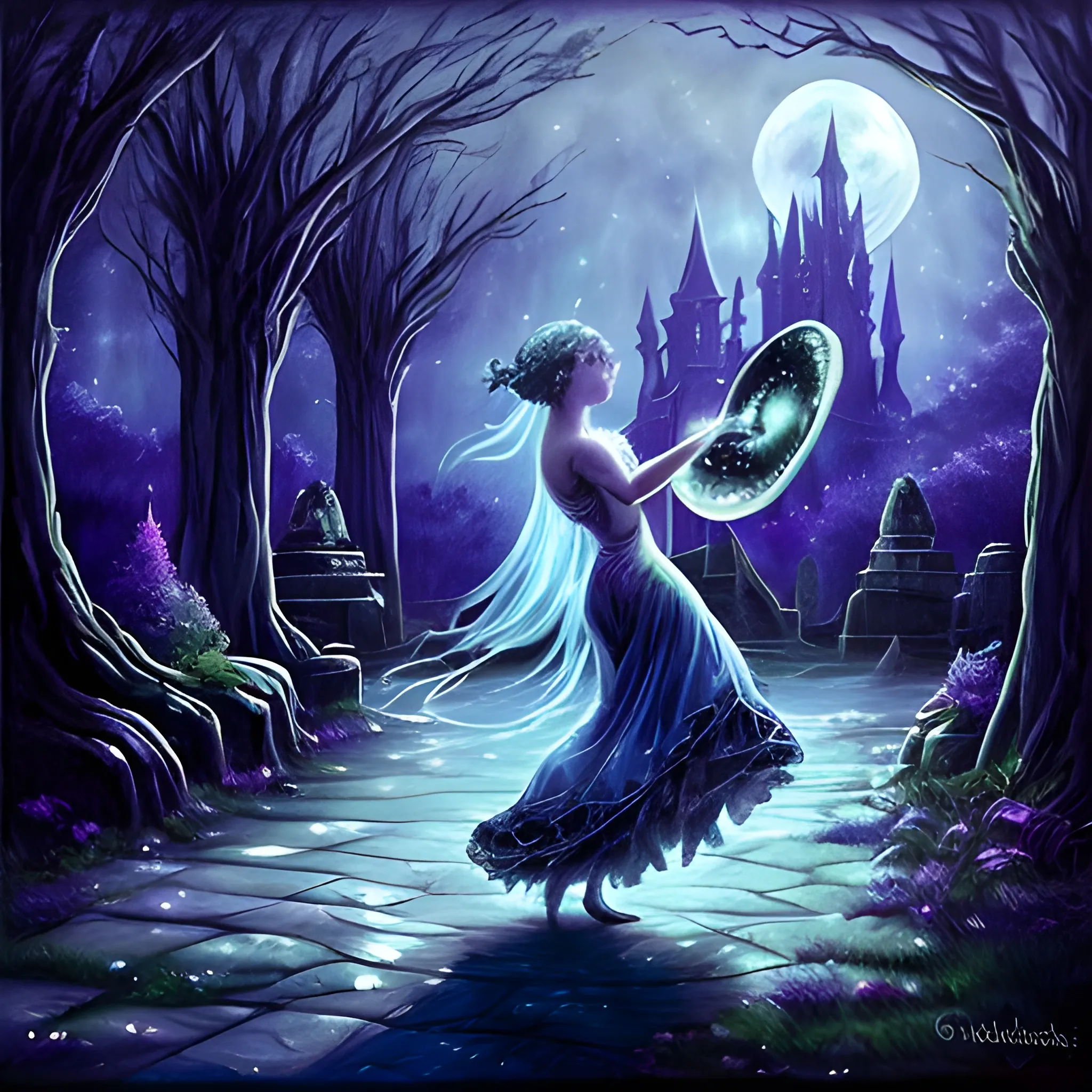 Under the pale moonlight, the whispers of ancient enchantments echo through the night. The realm of shadows stirs, awakening mystical creatures that dance in rhythm to the ethereal beats of the drums, Water Color