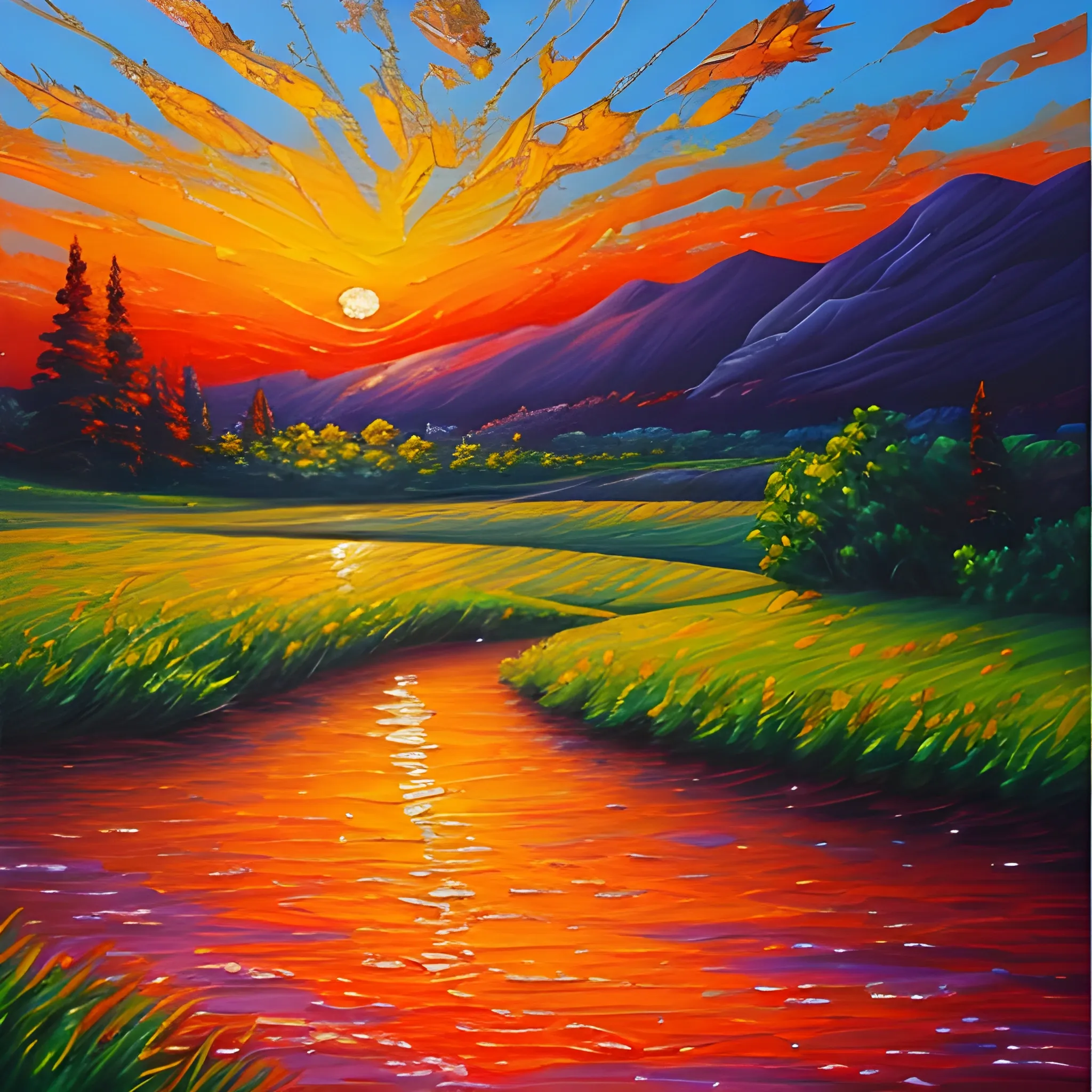 Sunset landscape painting, oil painting style, Oil Painting - Arthub.ai