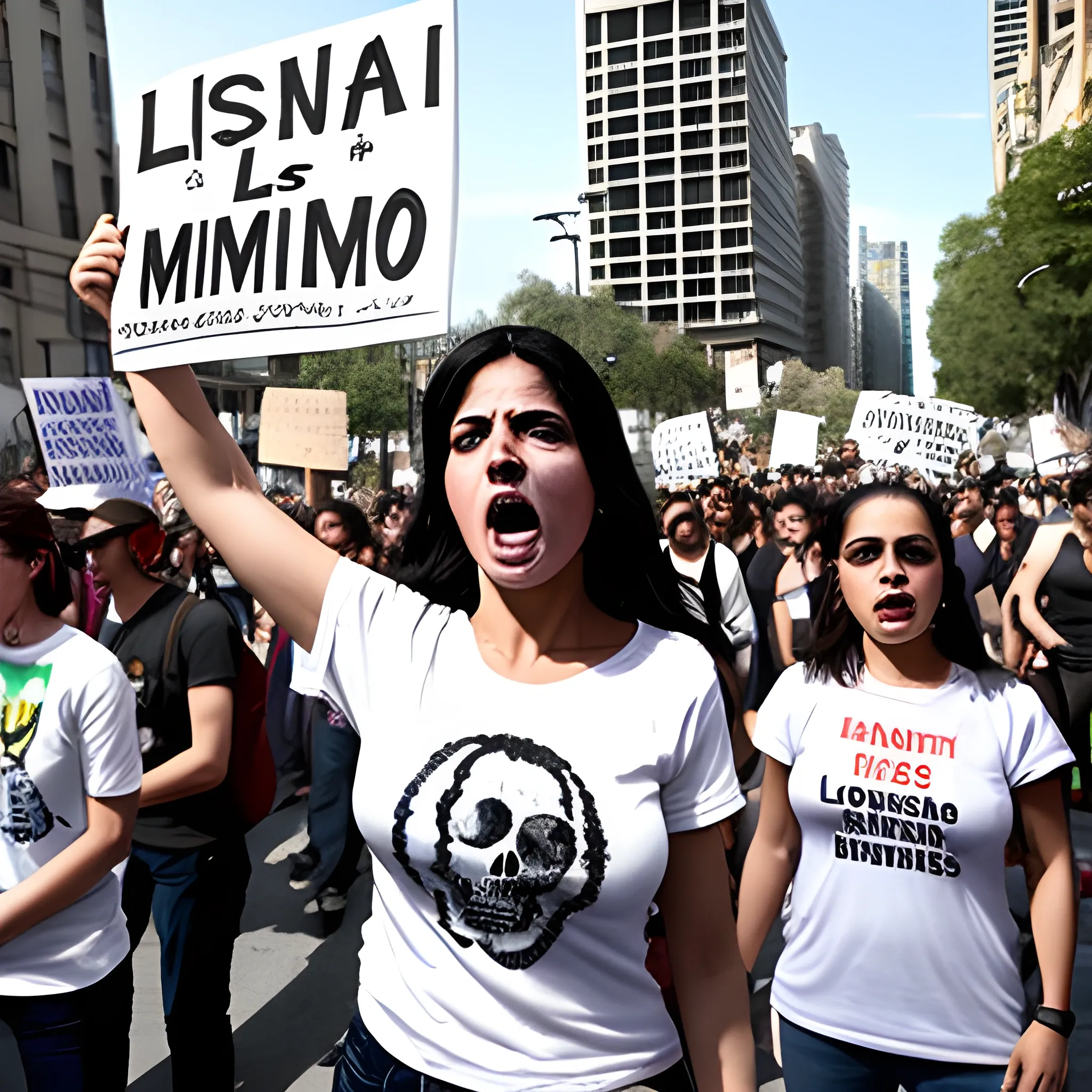 street protests. many protesters. big city. sunny day. woman dressed in a white t-shirt and jeans holding a sign that says "LOS HECHOS HAN MUERTO". realistic.