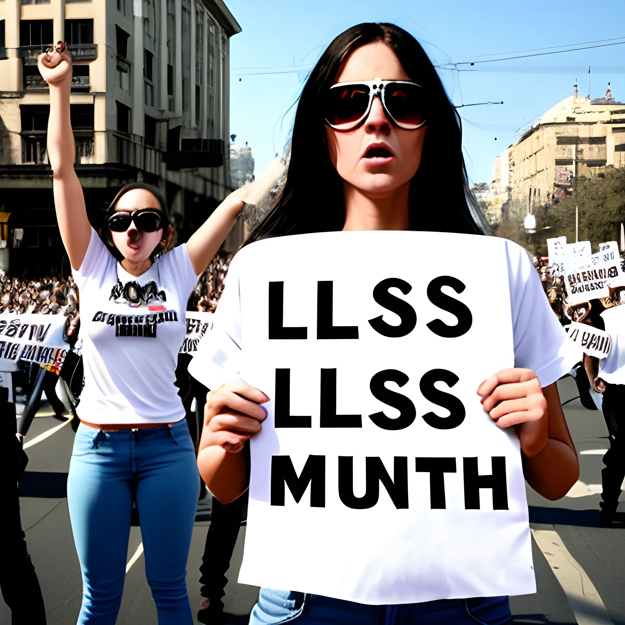 street protests. many protesters. big city. sunny day. woman dressed in a white t-shirt and jeans holding a sign that says "LOS HECHOS HAN MUERTO". ultrarealistic. photo. cine.