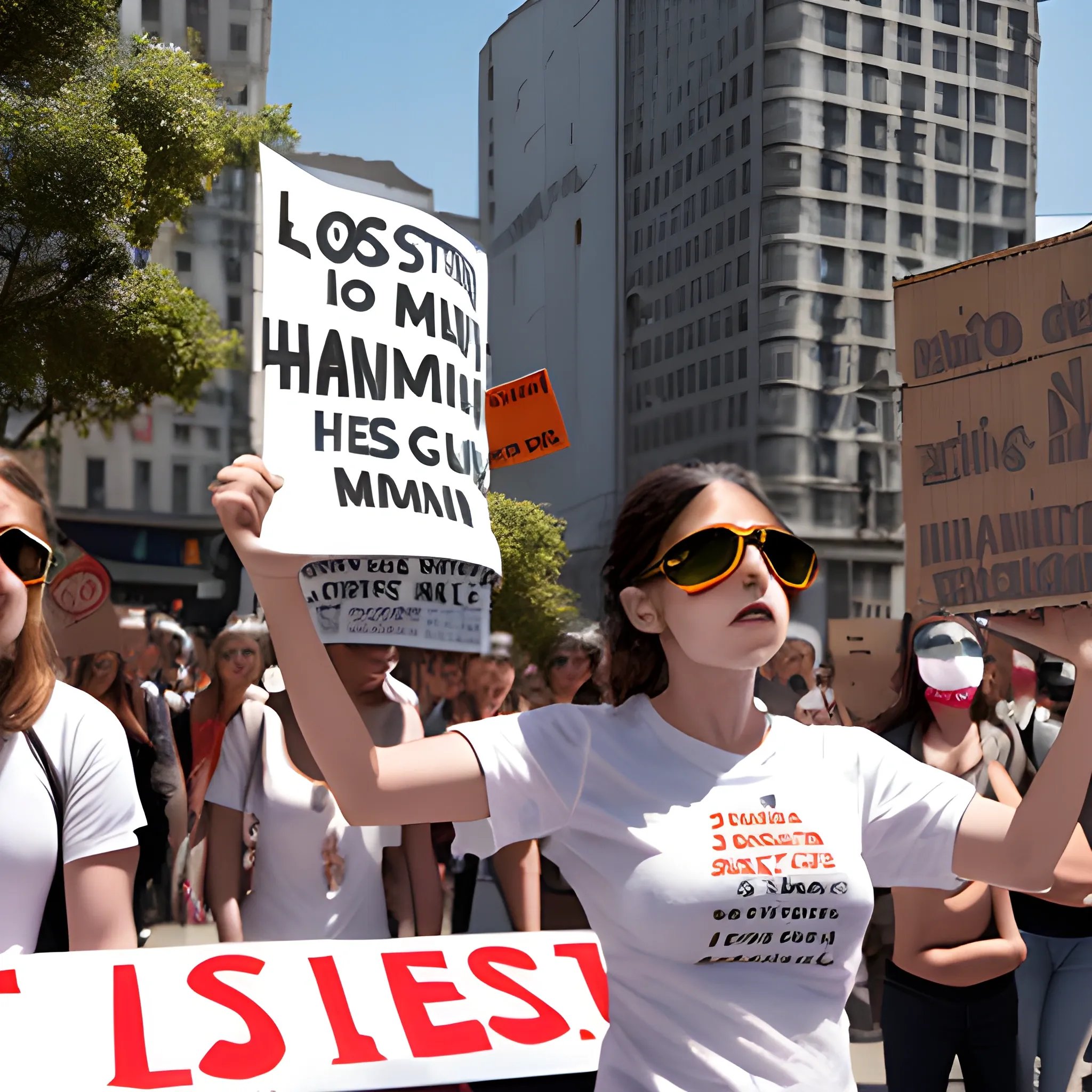 street protests. many protesters. big city. sunny day. woman dressed in a white t-shirt and jeans holding a sign that says "LOS HECHOS HAN MUERTO". realistic scene like photo., 3D