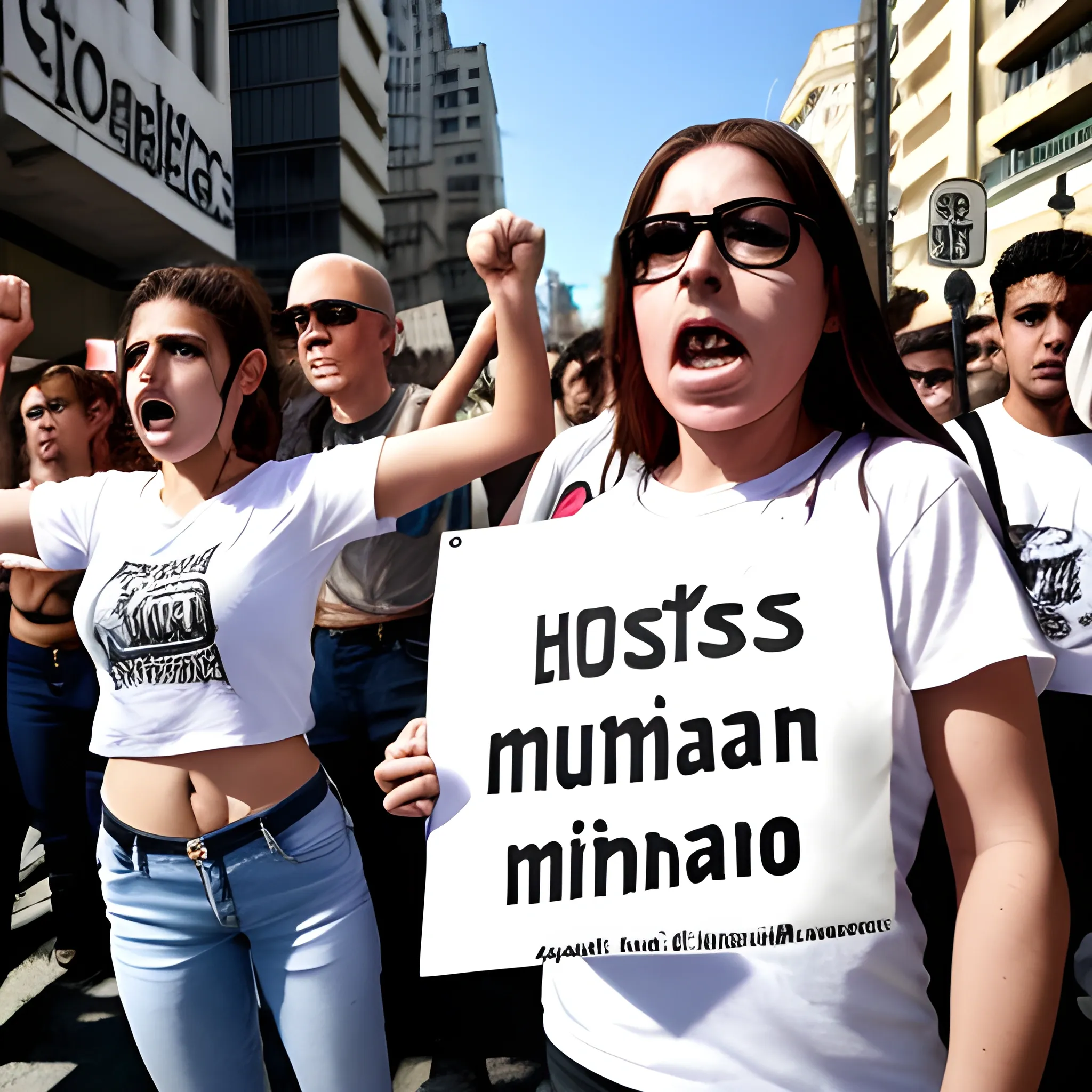 street protests. many protesters. big city. sunny day. woman dressed in a white t-shirt and jeans holding a sign that says "LOS HECHOS HAN MUERTO". real faces. realistic scene.