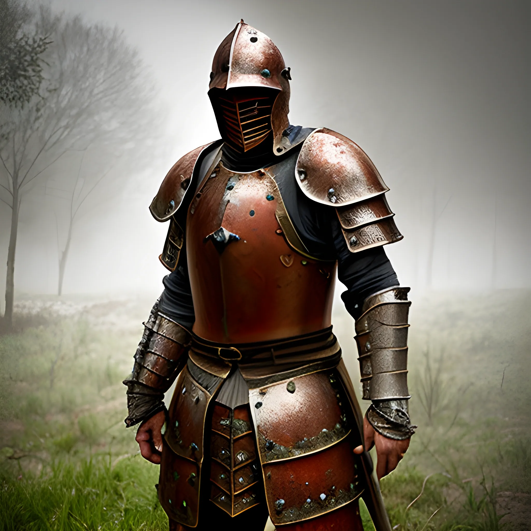 old medieval warrior rusty armor rain abandoned place