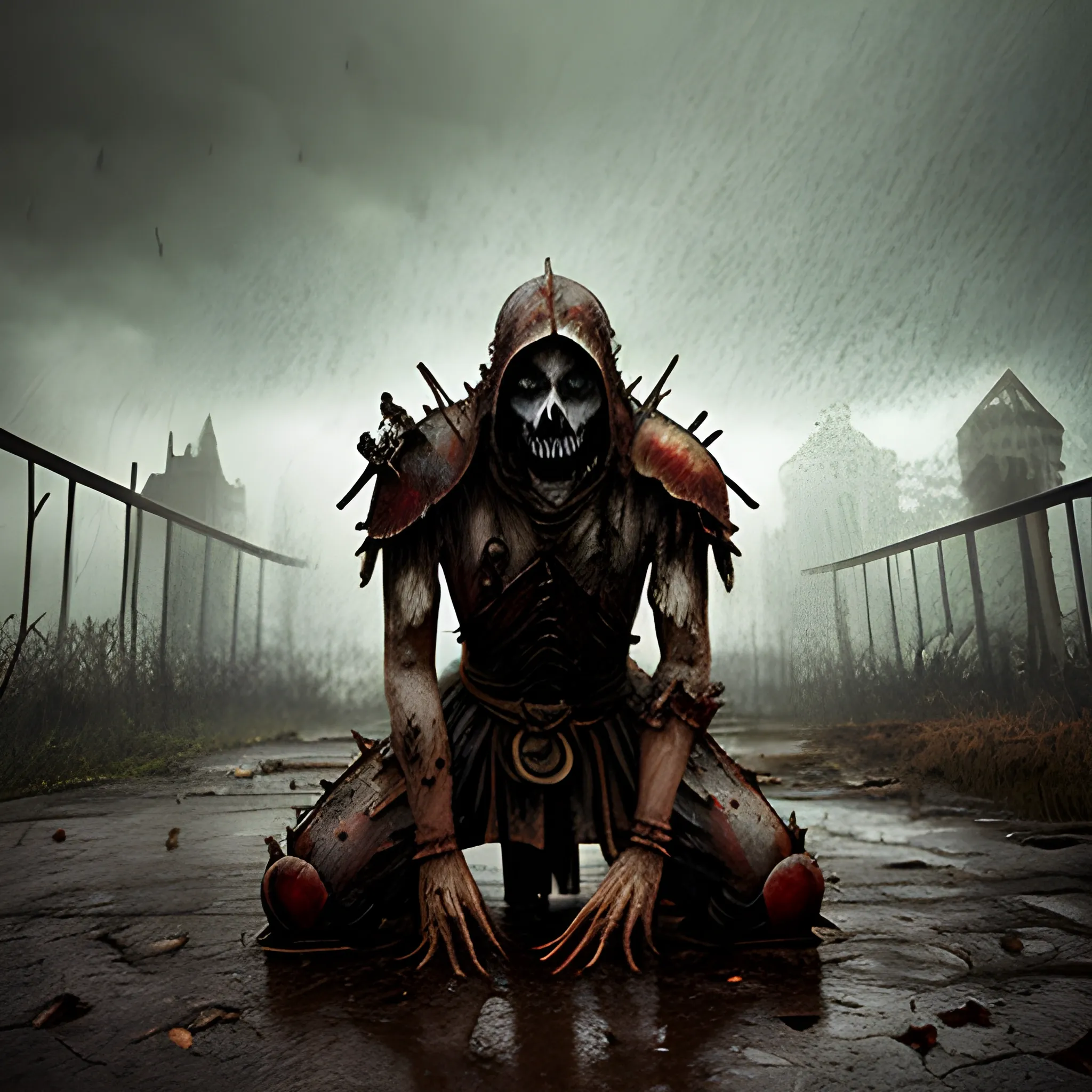 undead kneel crying warrior, rusty rainy abandoned place