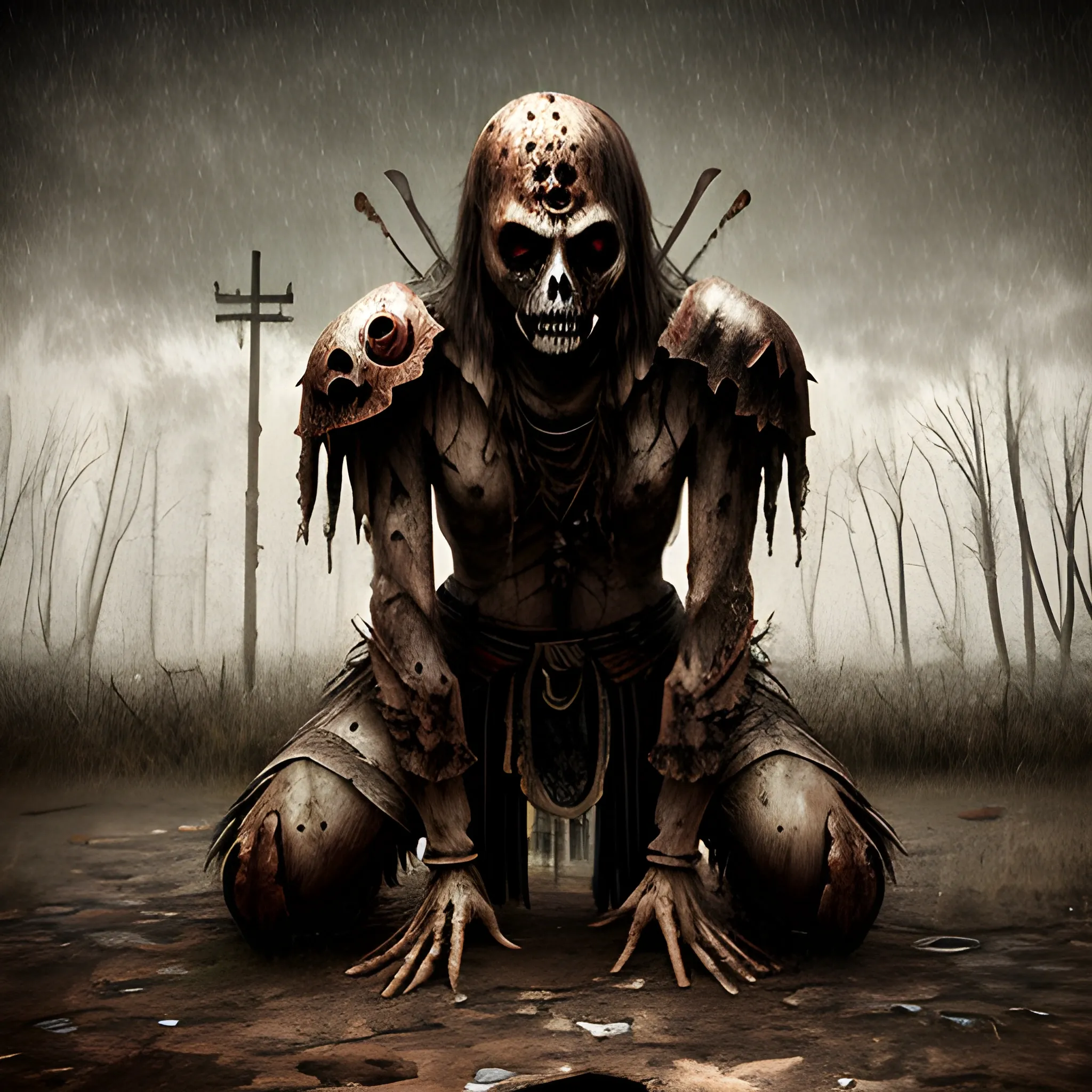 undead kneel crying warrior, rusty rainy abandoned place lonelyness sadness