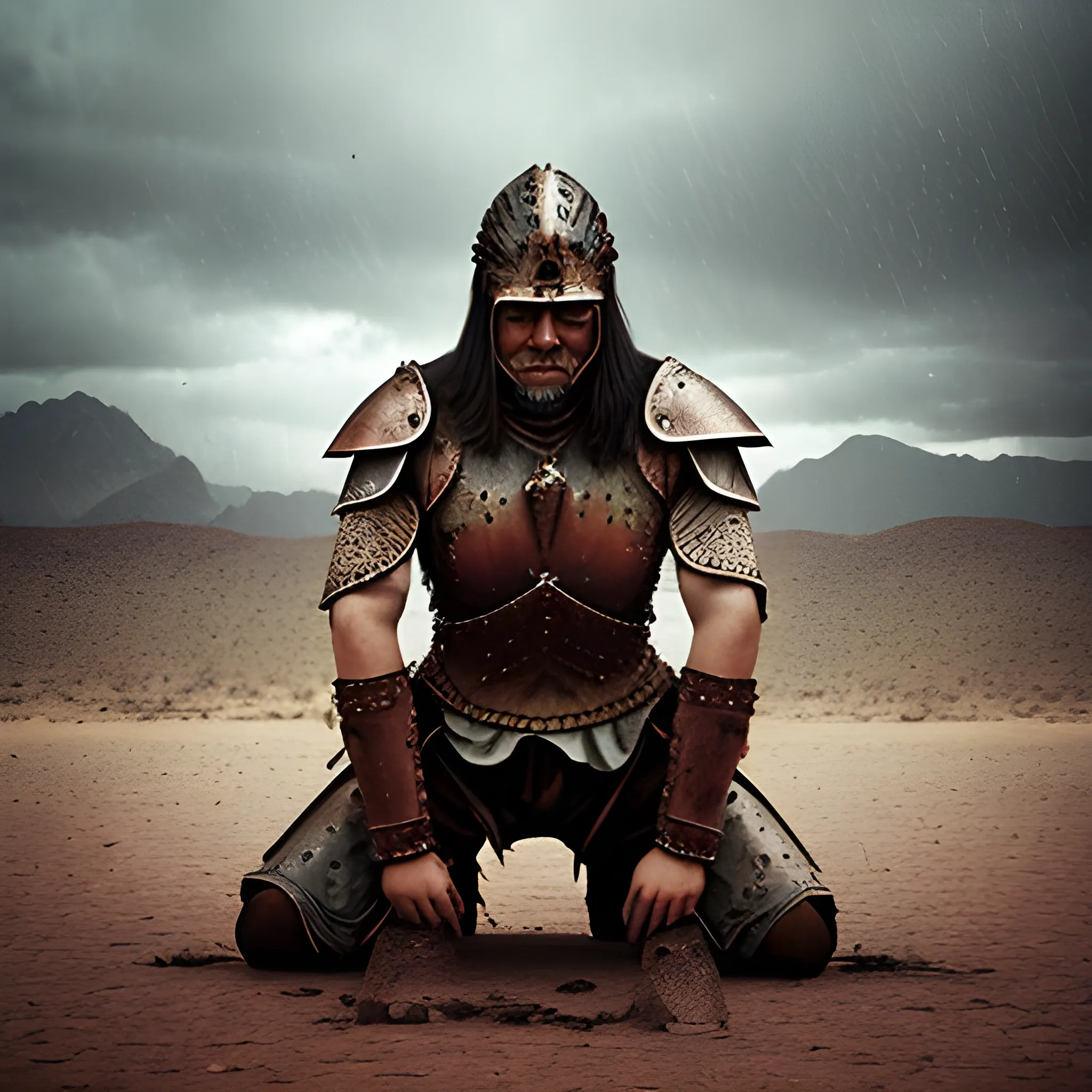 kneel crying warrior, rusty rainy desert place lonelyness sadness