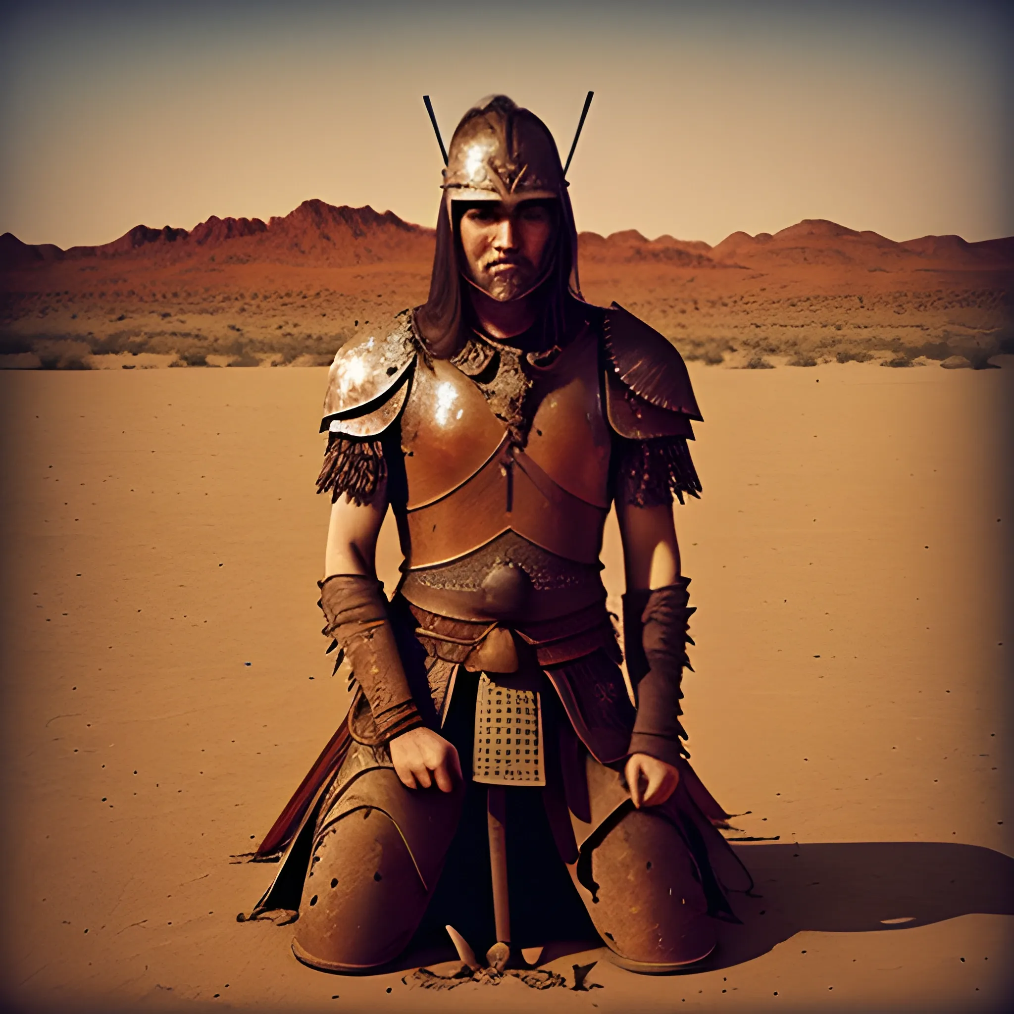 kneel crying warrior, rusty desert place lonelyness sadness