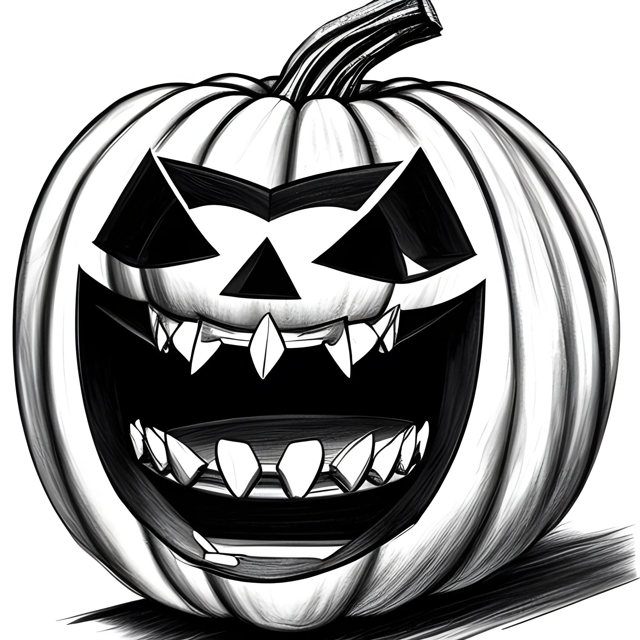 kids sketch of pumpkin with sharp teeth, Pencil Sketch black and white
