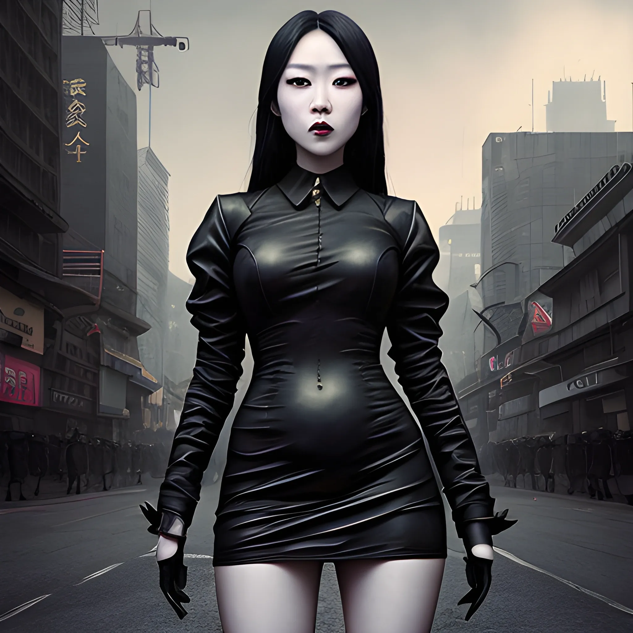 gothic painting  dark painting, intensive colors, military fashion shot of a beautiful modern agitated korean actress Kim  Yu-na posing in front of a postapocaliptic city, open mouth, full figure, regular face, big bossom, fit, tight shining costume,  short dress,  legs,  collar, postapocaliptic city night, sinister by Greg Rutkowski , 3D