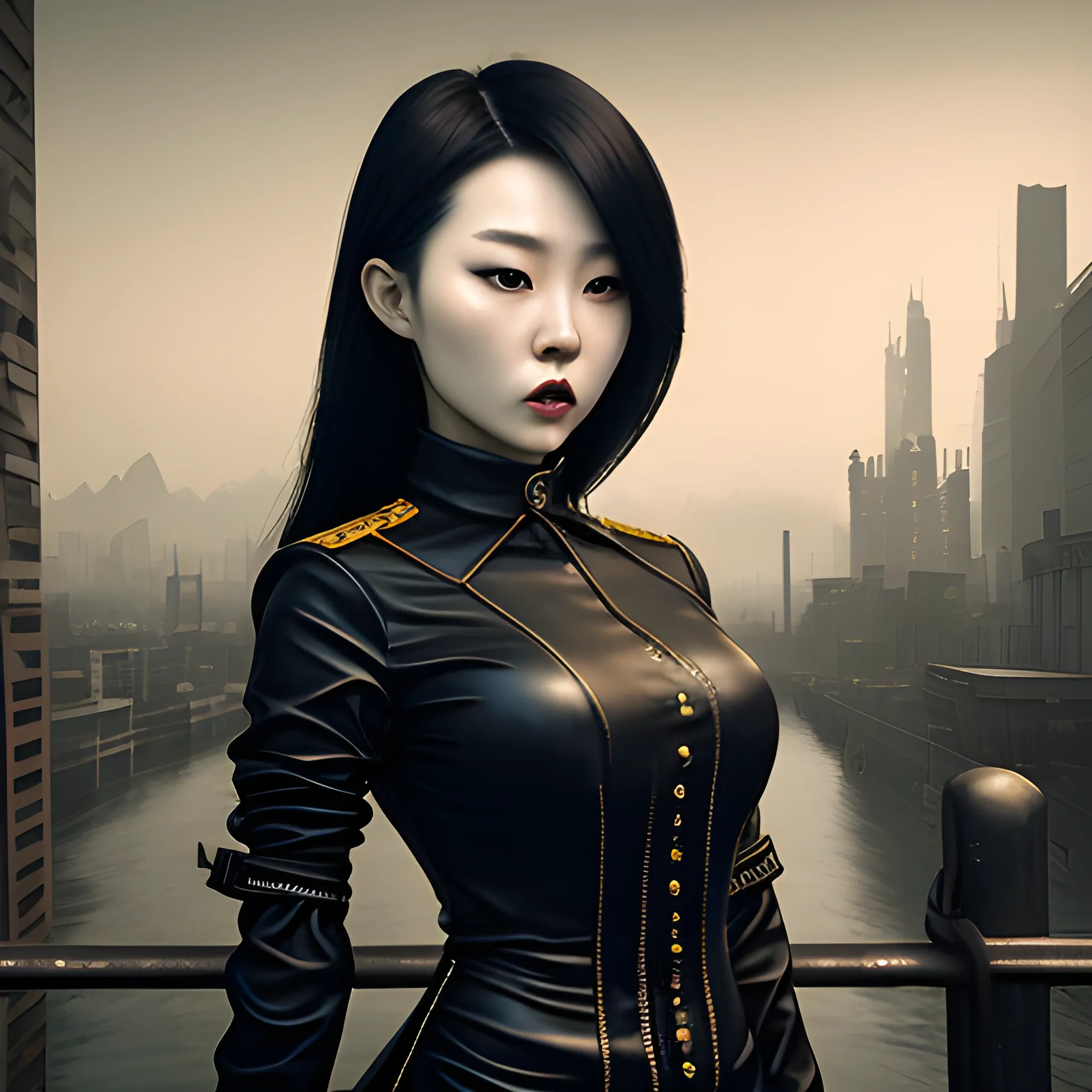 gothic painting  dark painting, intensive colors, military fashion shot of a beautiful modern agitated korean actress Kim  Yu-na posing in front of a postapocaliptic city, open mouth, full figure, regular face, big bossom, fit, tight shining costume,  short dress,  legs,  collar, postapocaliptic city night, sinister by Greg Rutkowski , 3D