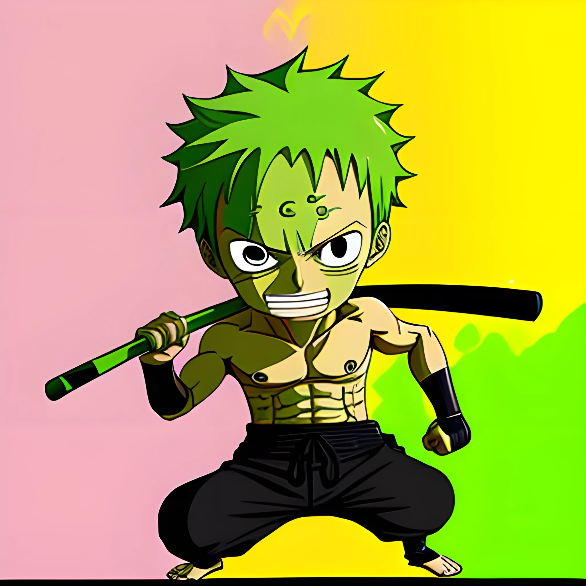 Digital art style, Zoro One Piece, Bright green colors, Vibrant color pallet, Anime style / Chibi, Fighting, full body