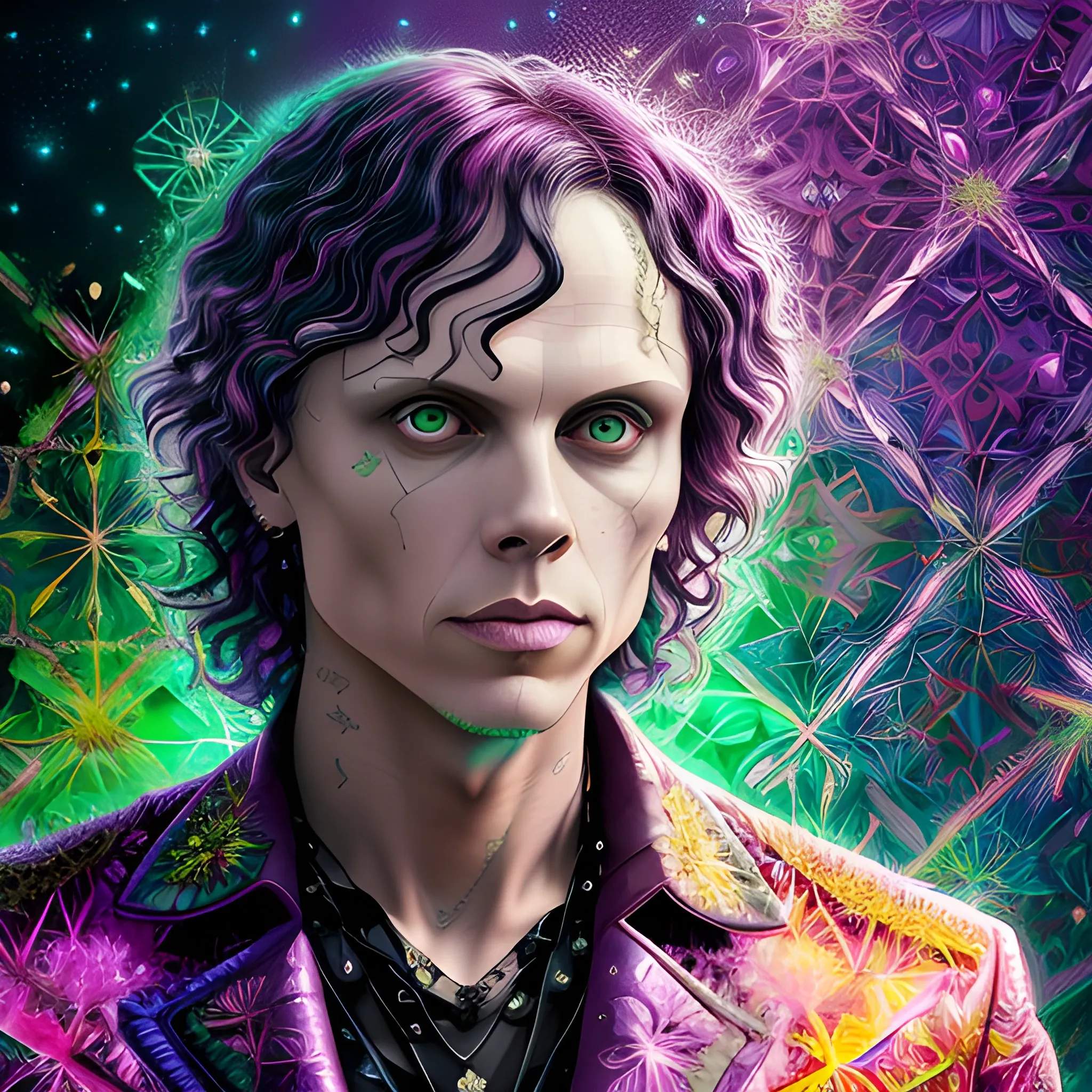 hyperdetailed oil on canvas, Ville Valo, his striking green eyes ...