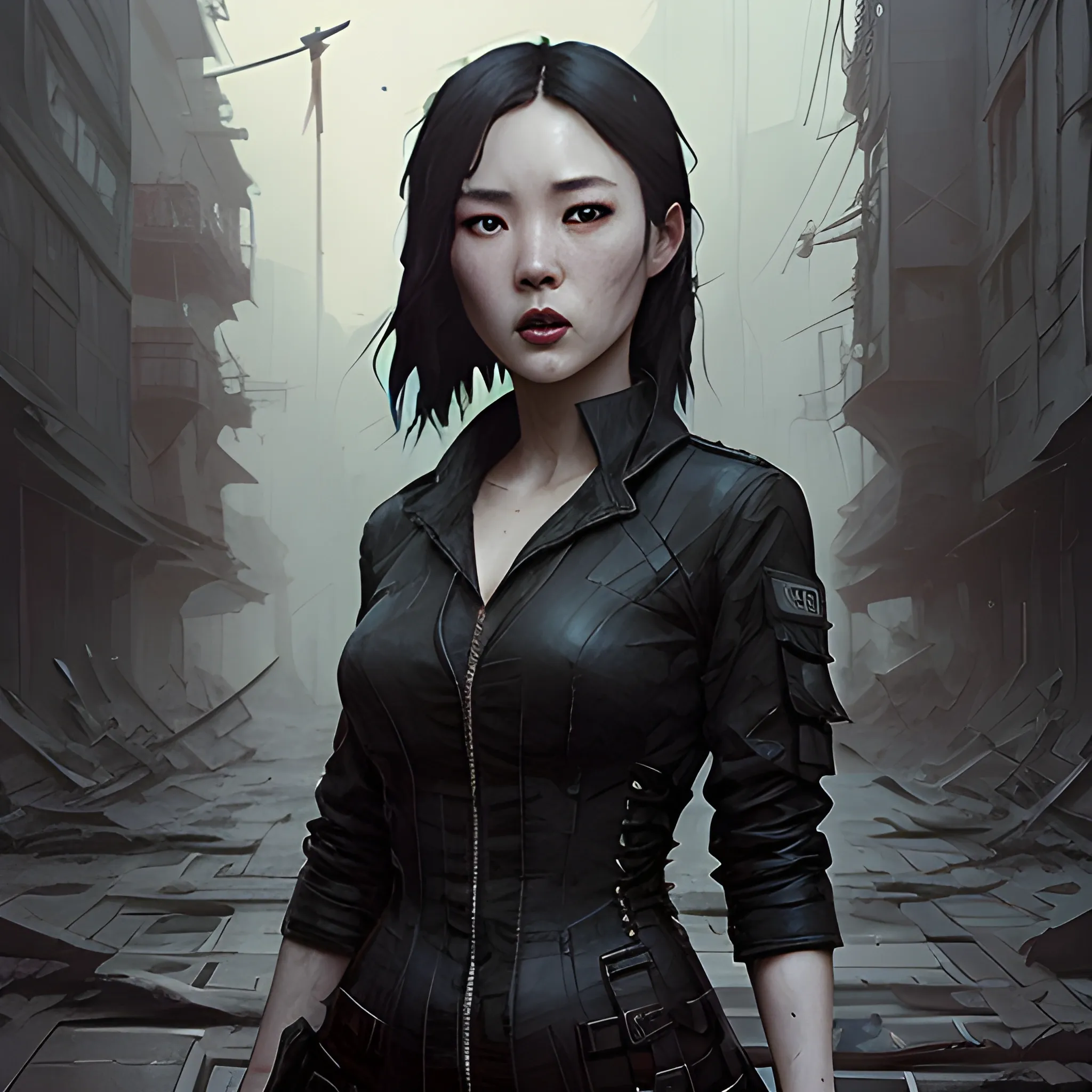 gothic painting  dark painting, intensive colors, military fashion shot of a beautiful modern agitated korean actress Kim  Yu-na and Oh Yoo-me posing in front of a postapocaliptic city, open mouth, full figure, regular face, big bossom, fit, tight shining costume,  short dress,  legs,  collar, postapocaliptic city night, sinister by Greg Rutkowski , 3D