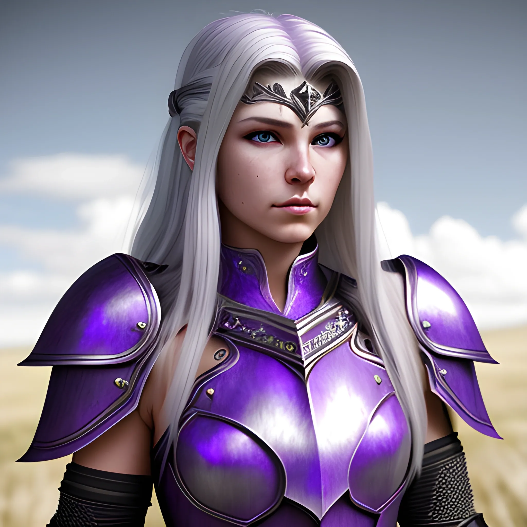 fantasy, paladin, warrior, female, long silver hair, purple eyes, armor, hyper realistic, 3D